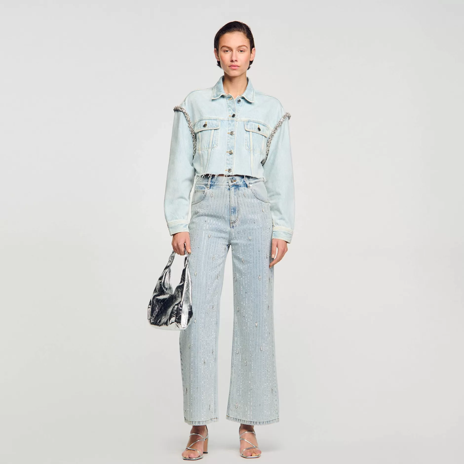 New Sandro Blouson Court En Denim Bleu jean clair