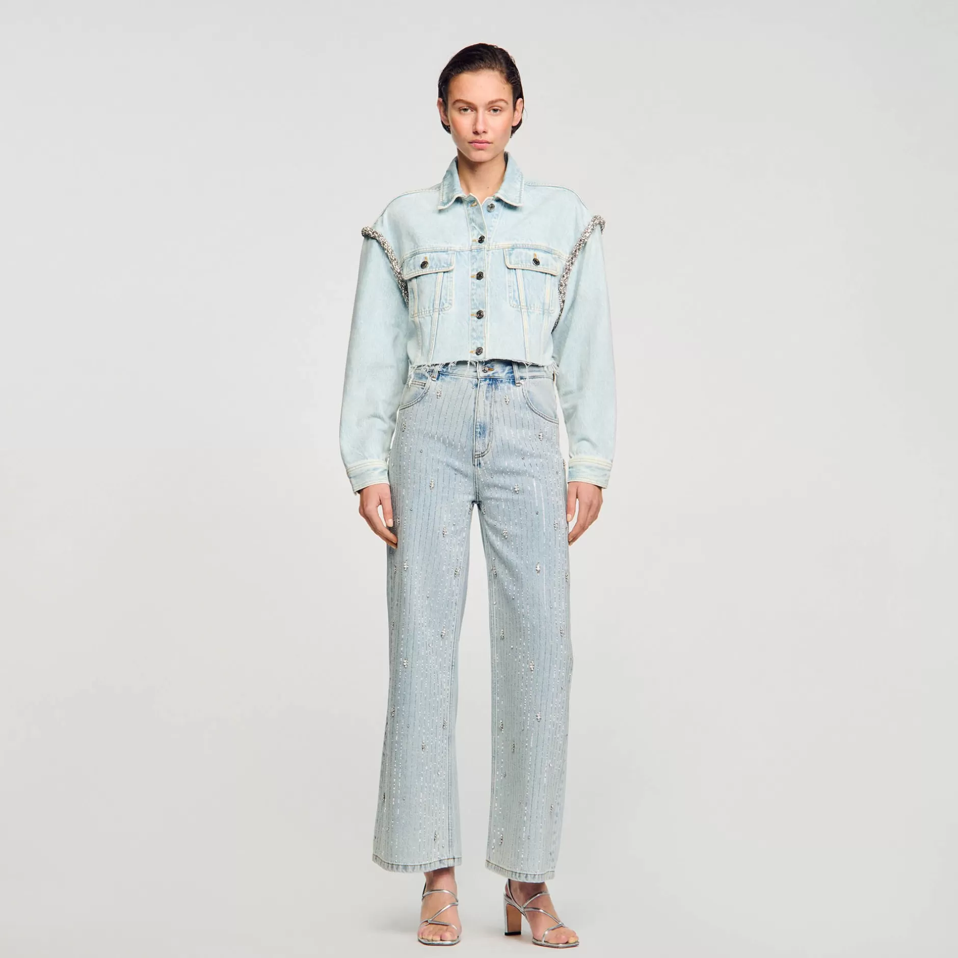 New Sandro Blouson Court En Denim Bleu jean clair