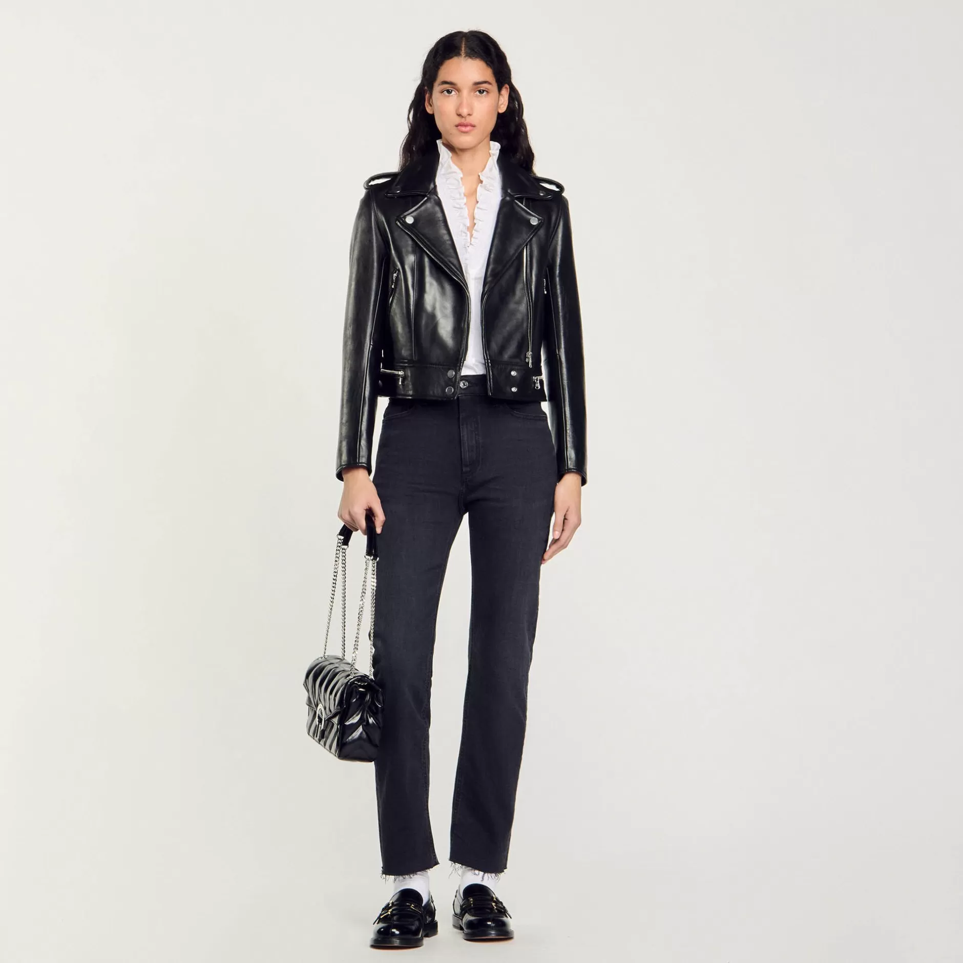 Shop Sandro Blouson En Cuir Noir