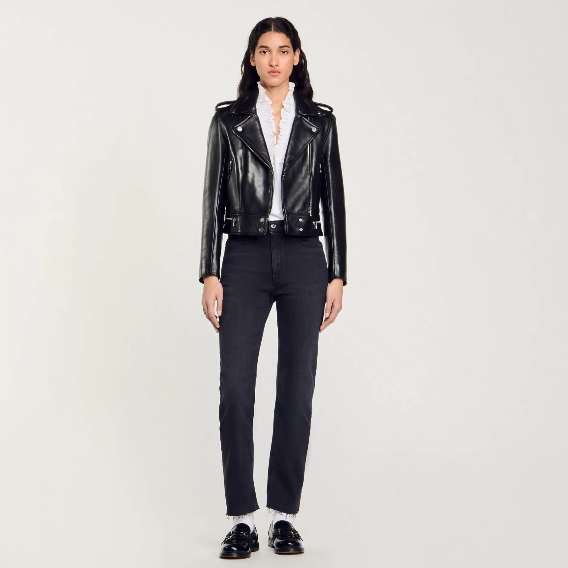 Shop Sandro Blouson En Cuir Noir