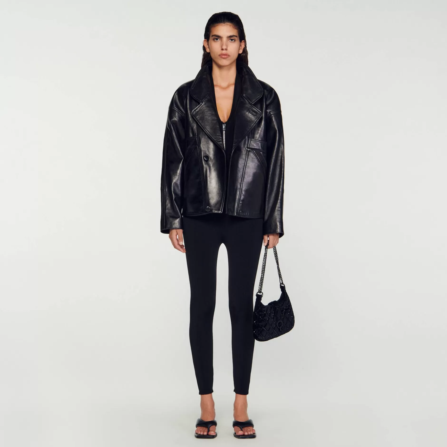 Flash Sale Sandro Blouson En Cuir Oversize Noir