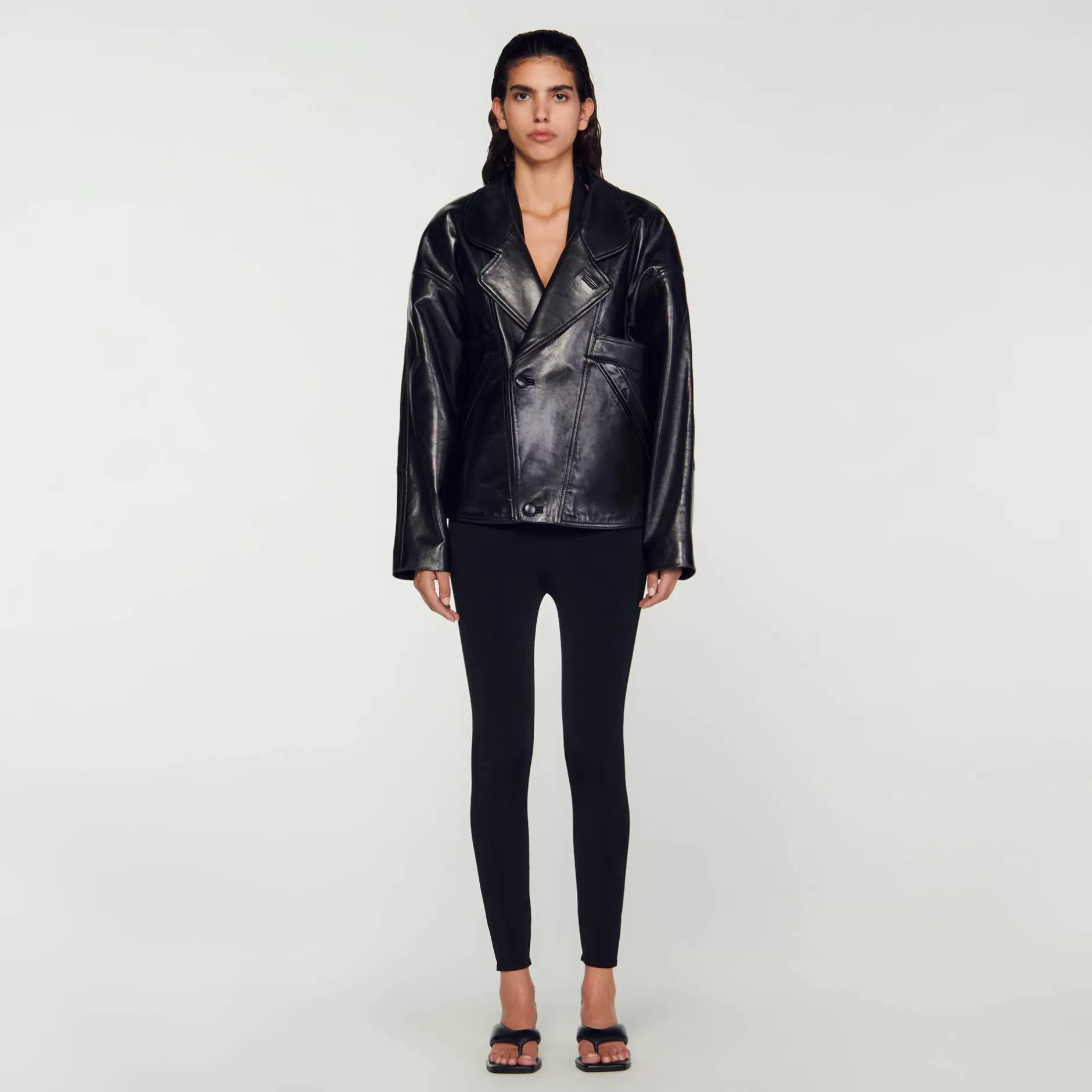 Flash Sale Sandro Blouson En Cuir Oversize Noir