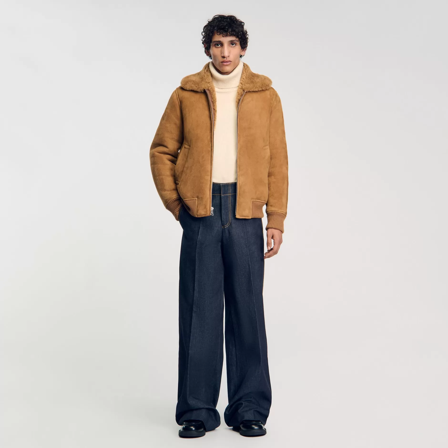 Online Sandro Blouson En Peau Retournée Camel