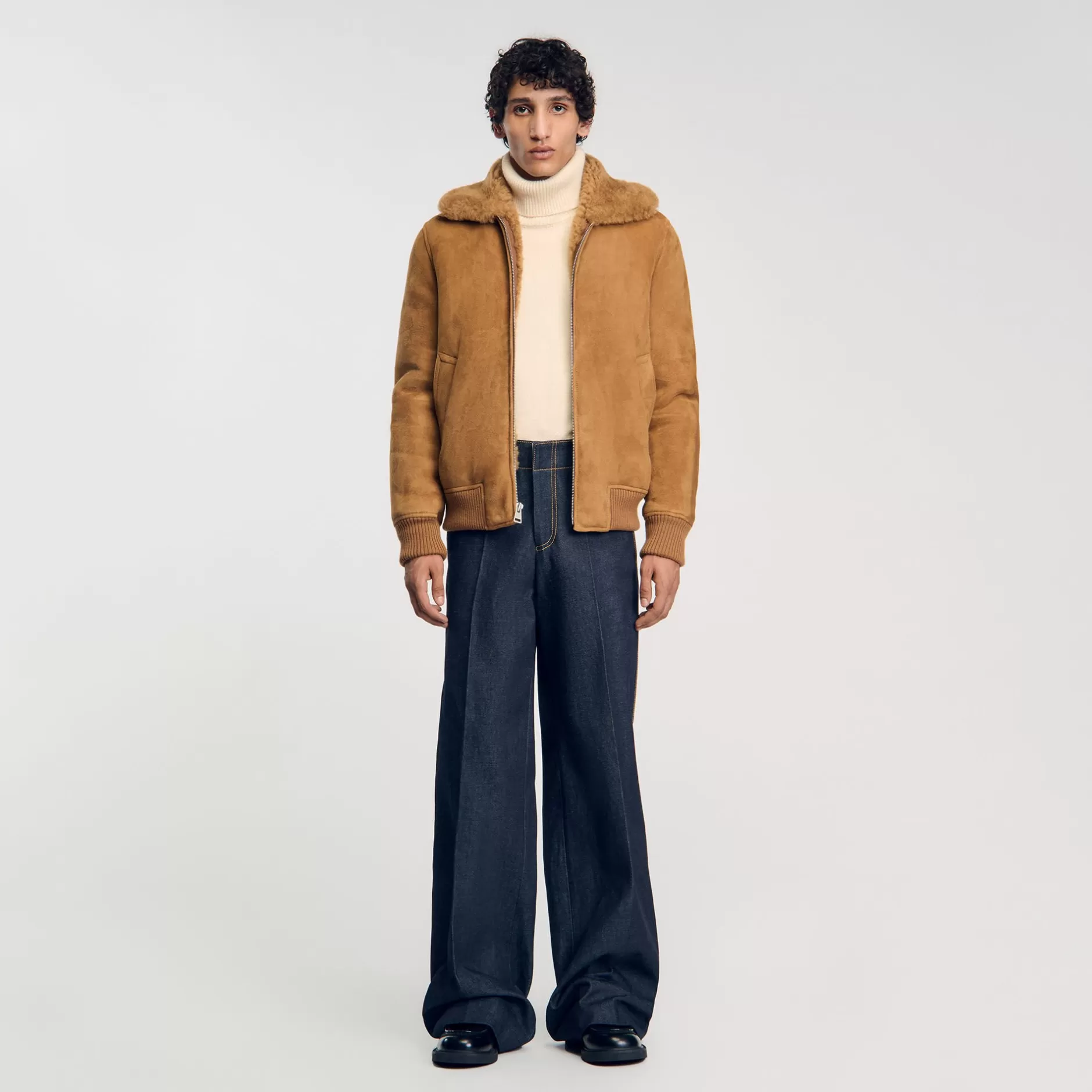 Online Sandro Blouson En Peau Retournée Camel