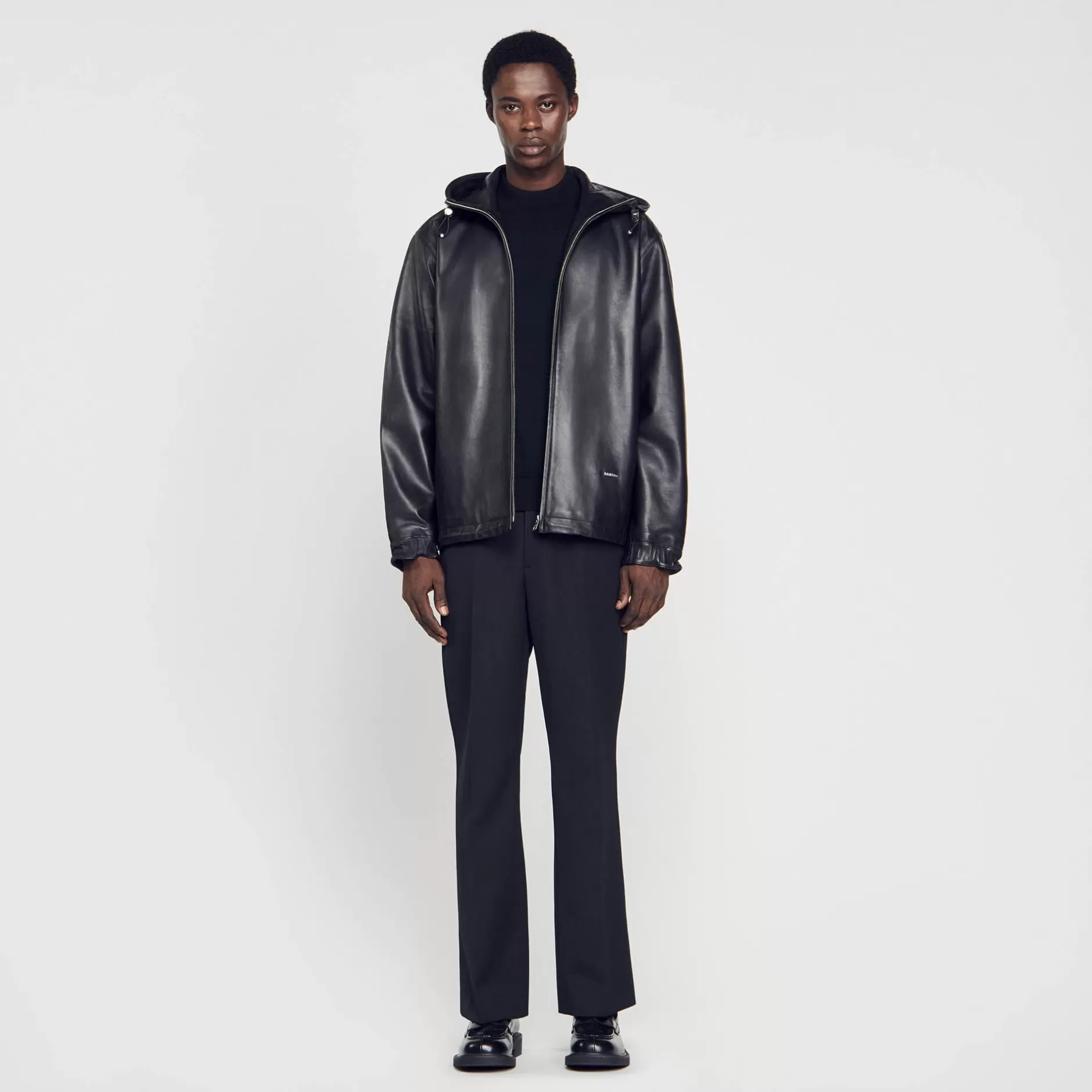 New Sandro Blouson Oversize En Cuir Noir