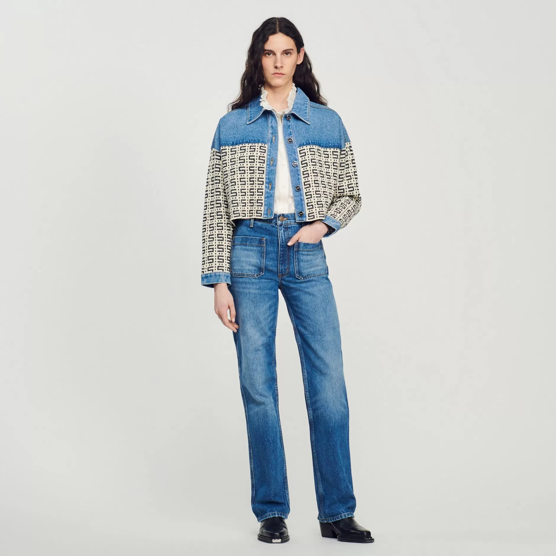 Best Sale Sandro Cardicoat Court En Denim Bleu jean