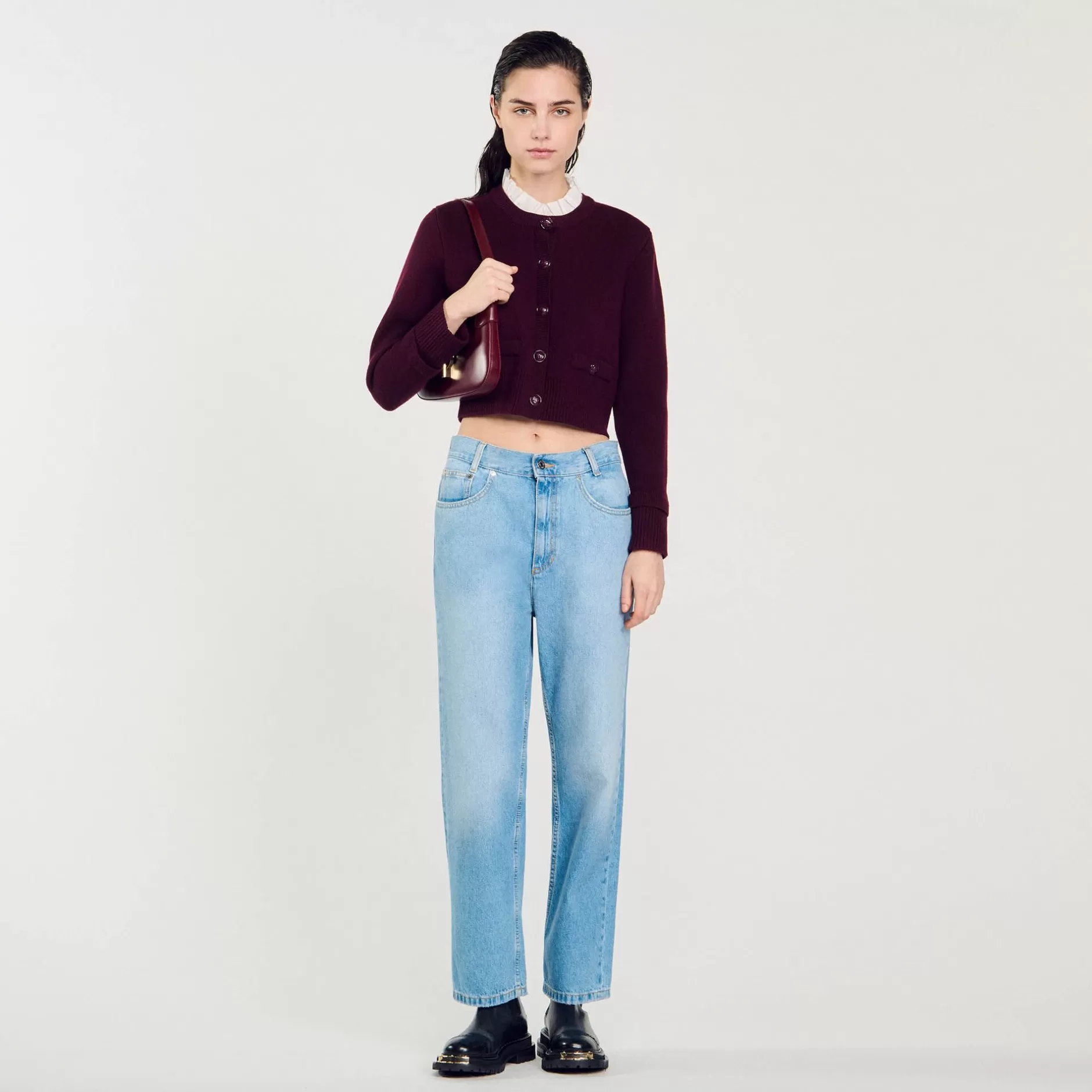 Shop Sandro Cardigan En Maille à Col Amovible Bordeaux