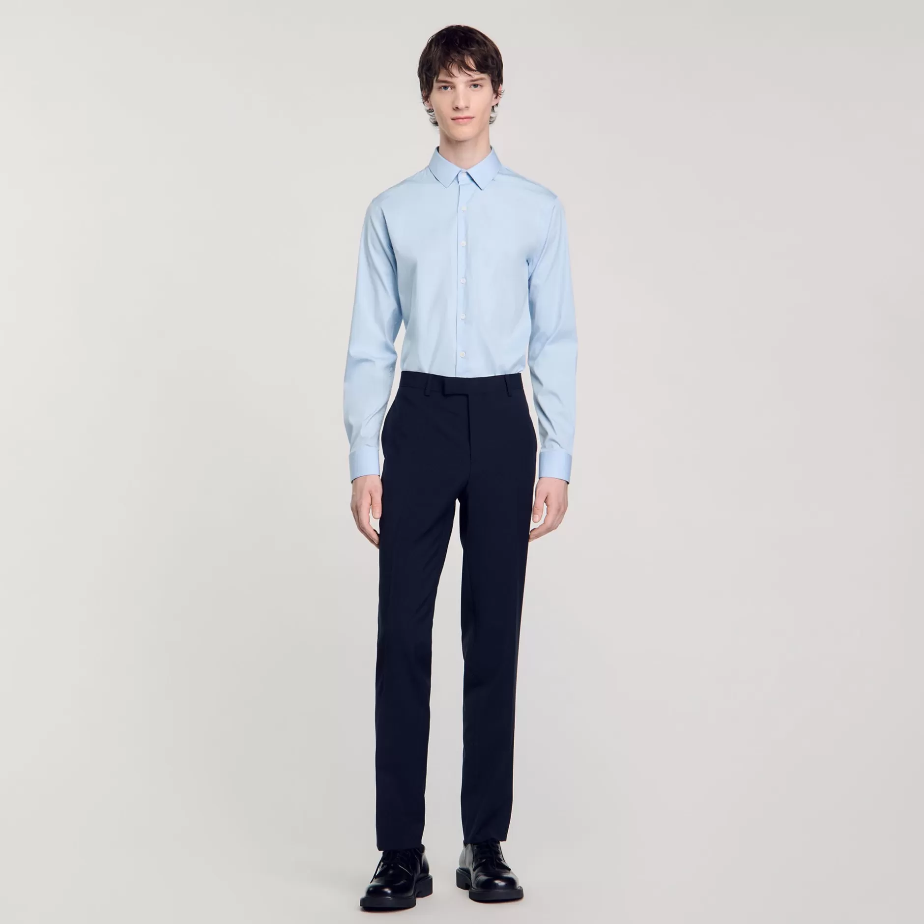 New Sandro Chemise Ajustée En Coton Stretch Bleu Ciel