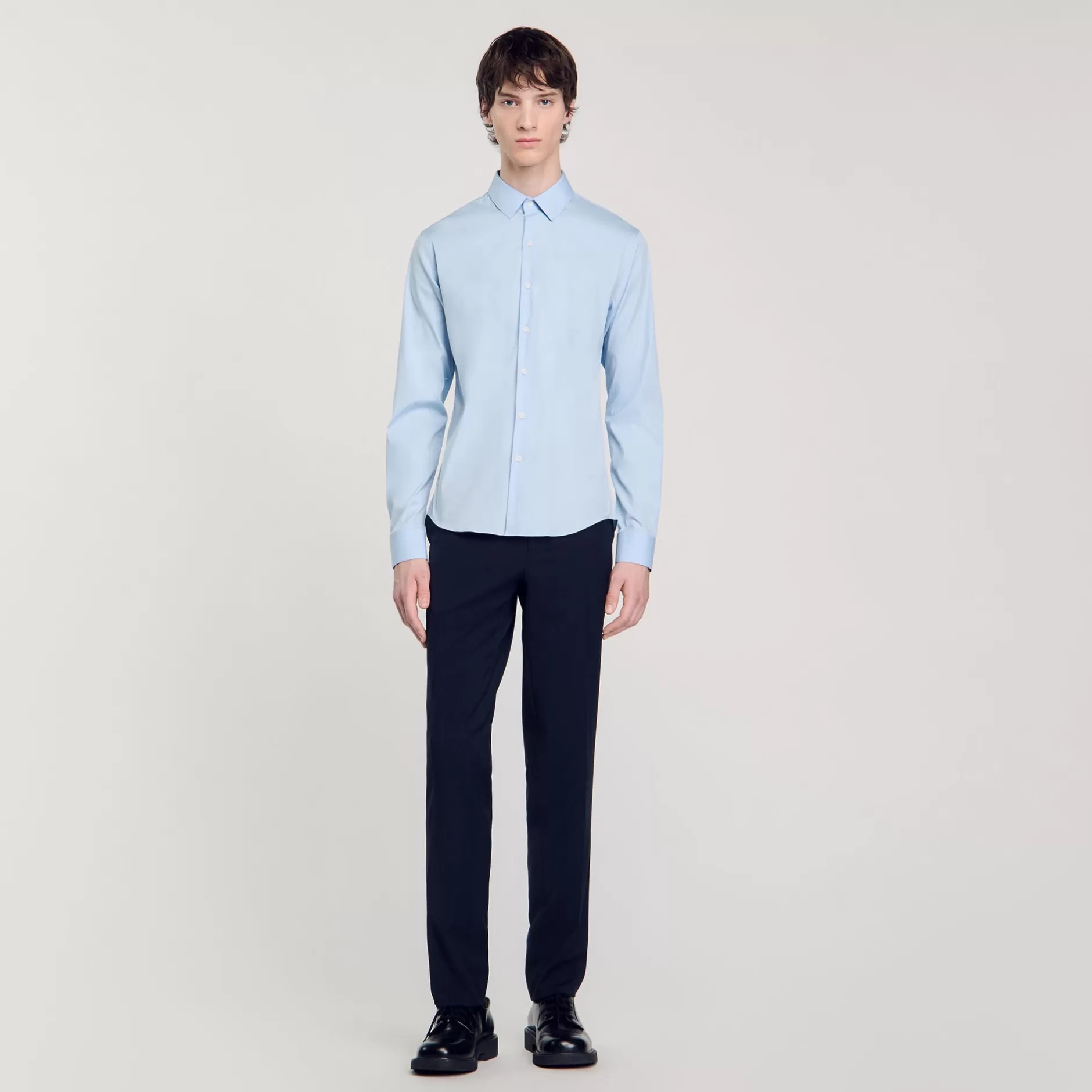 New Sandro Chemise Ajustée En Coton Stretch Bleu Ciel