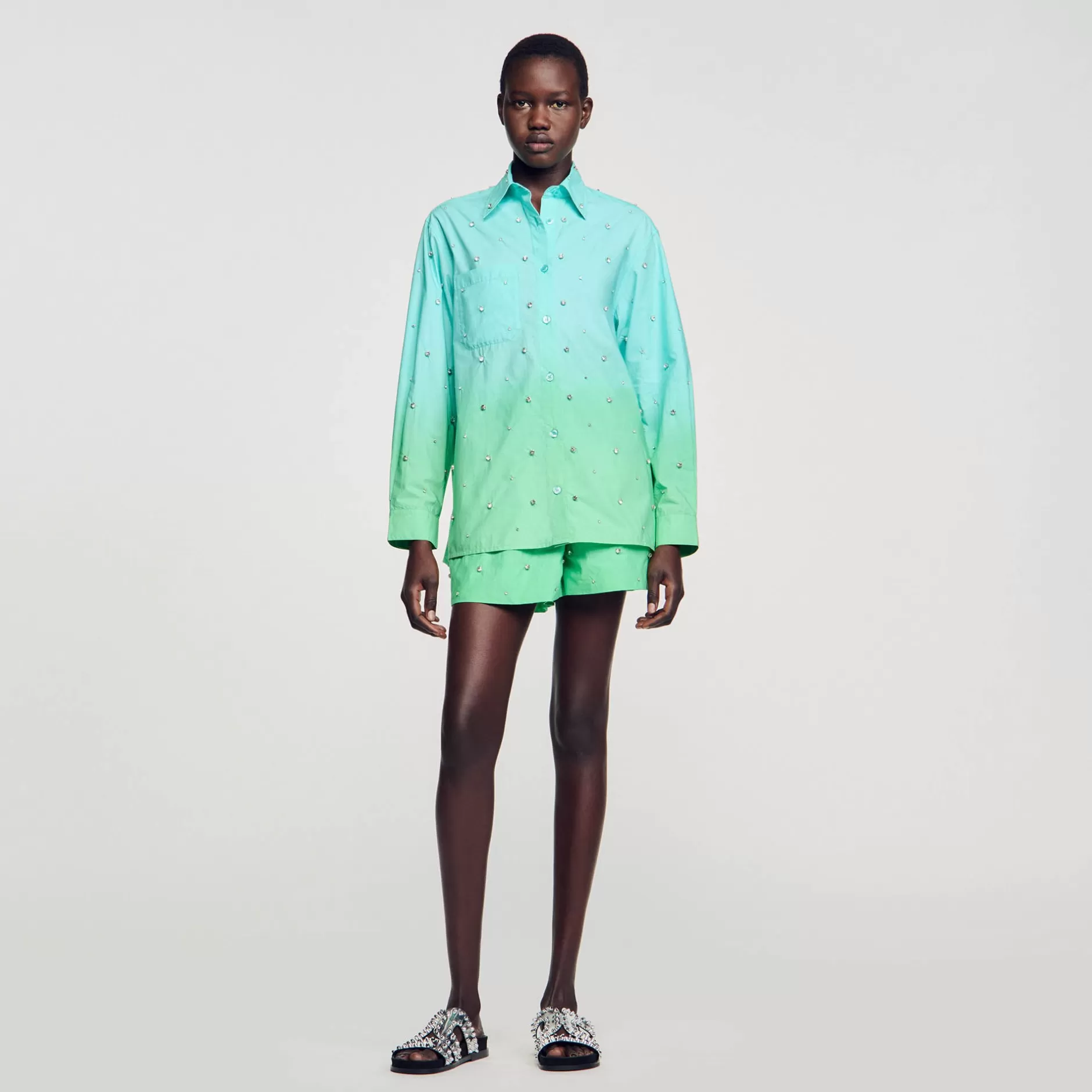 New Sandro Chemise Dip Dye Strassée Bleu Vert