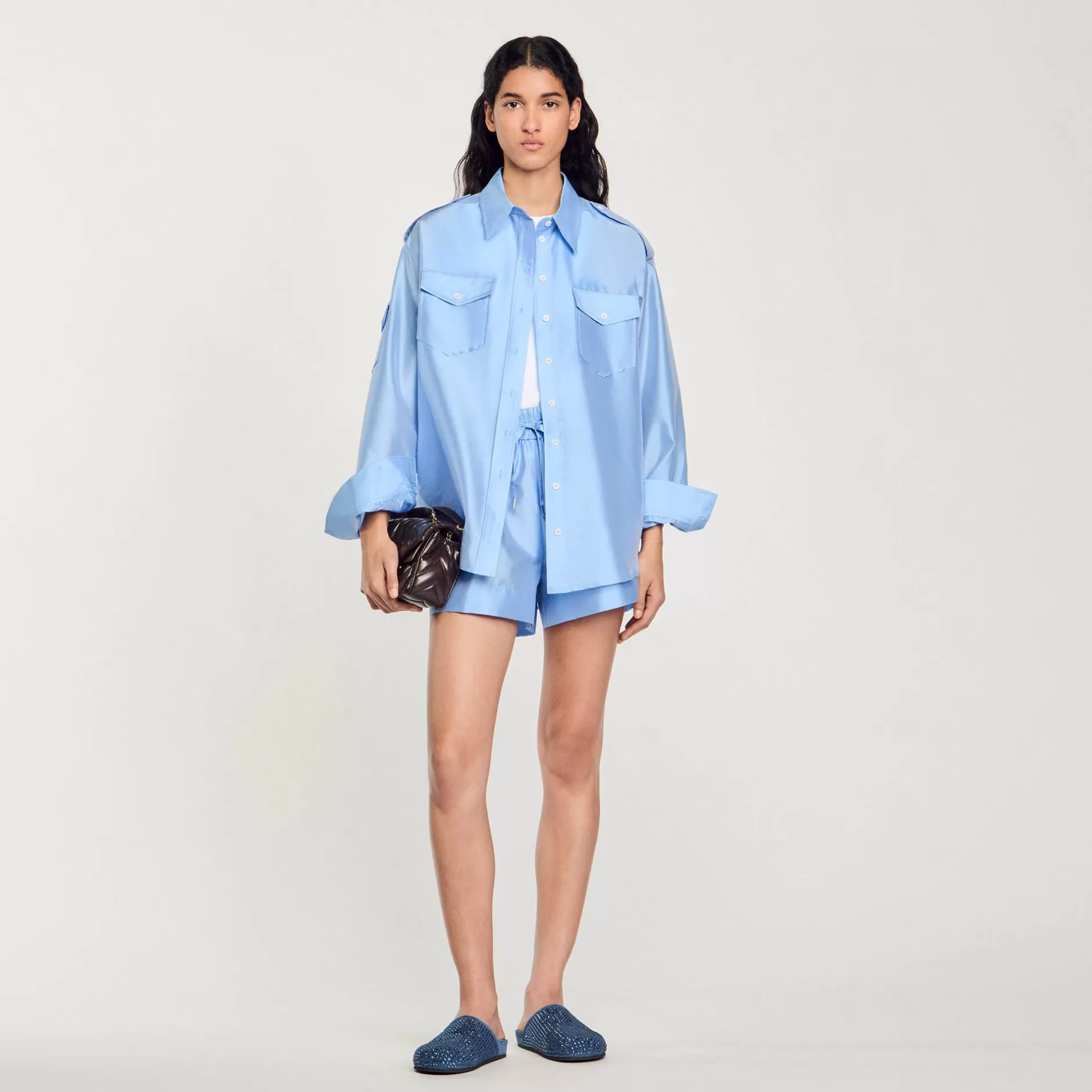 Discount Sandro Chemise Large Satinée Bleu Ciel