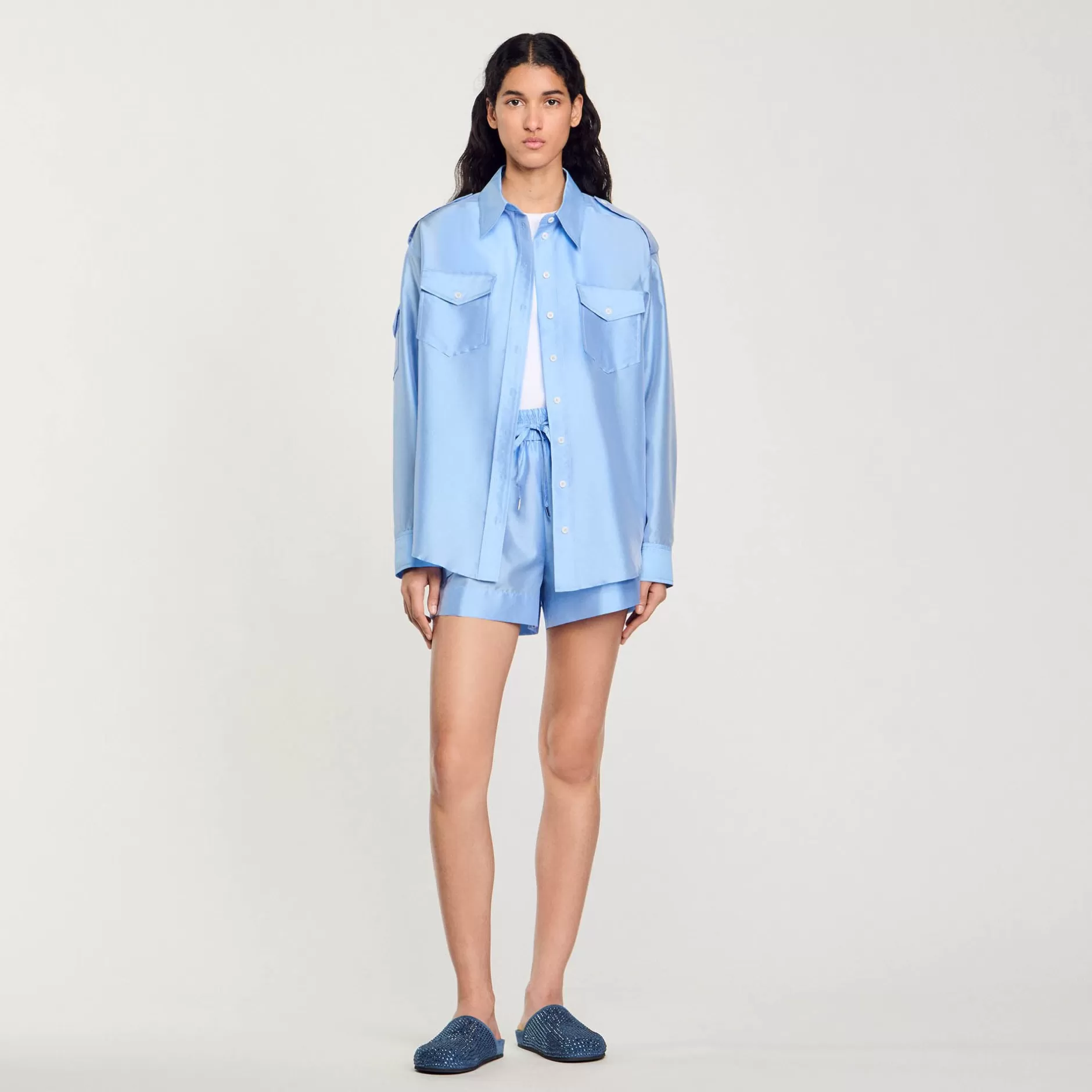 Discount Sandro Chemise Large Satinée Bleu Ciel