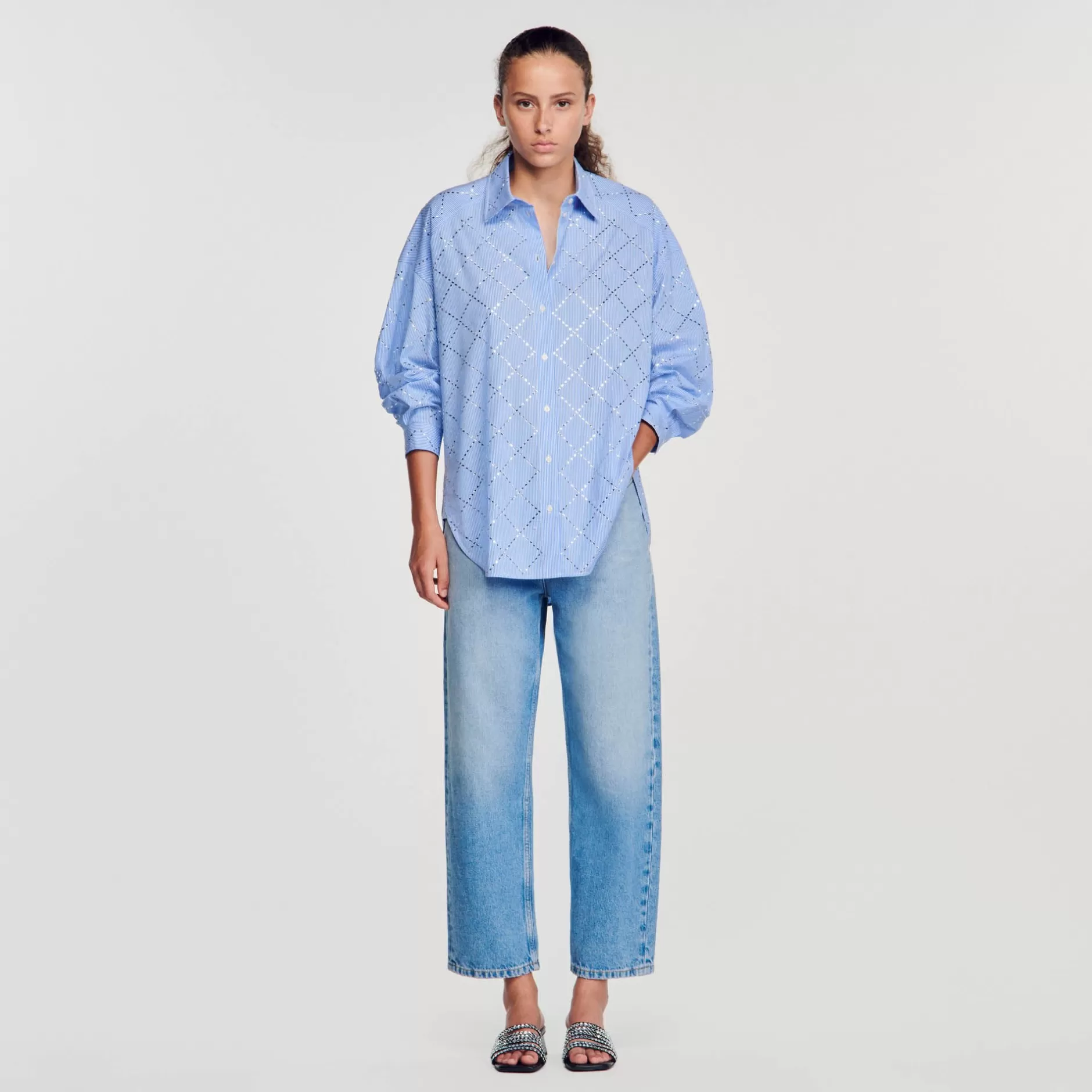 Cheap Sandro Chemise Oversize à Strass Bleu Ciel