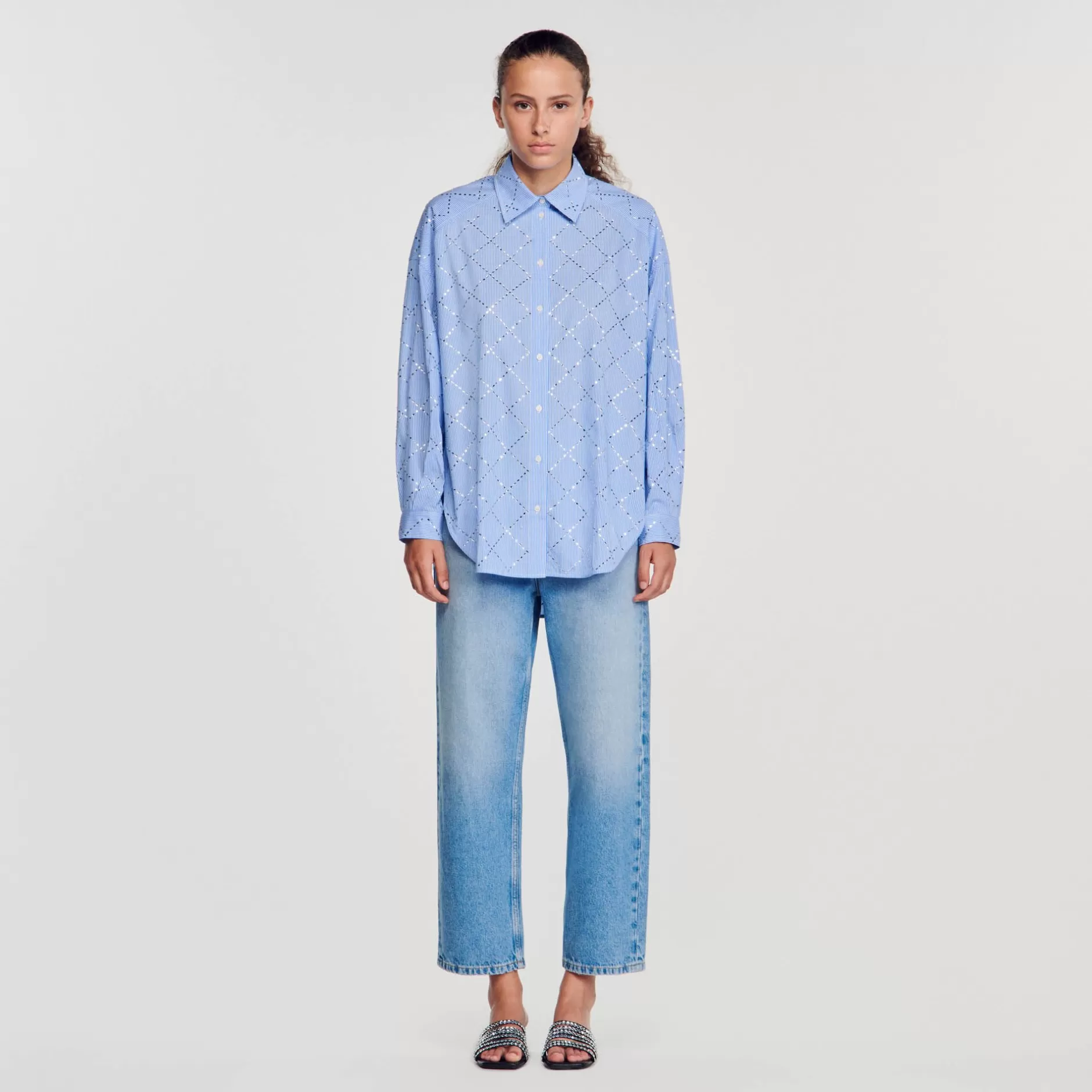 Cheap Sandro Chemise Oversize à Strass Bleu Ciel