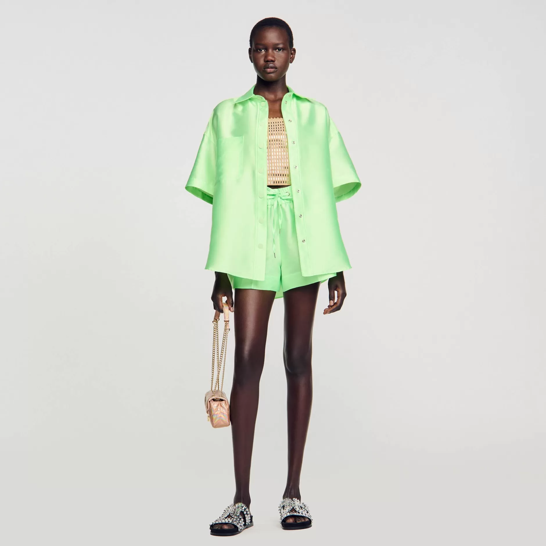 Flash Sale Sandro Chemise Oversized Satinée Vert Fluo