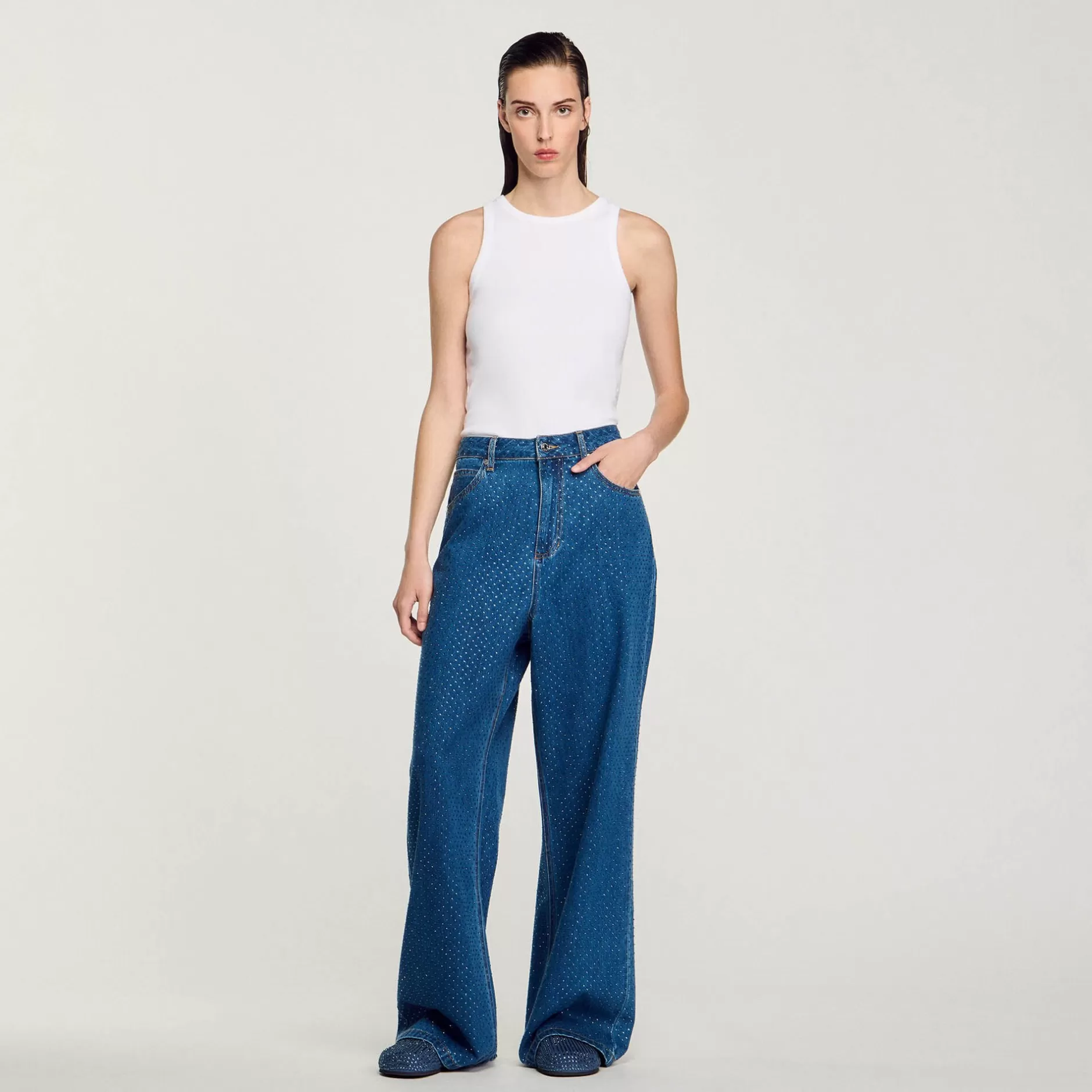 Clearance Sandro Jean Large Strassé Bleu jean