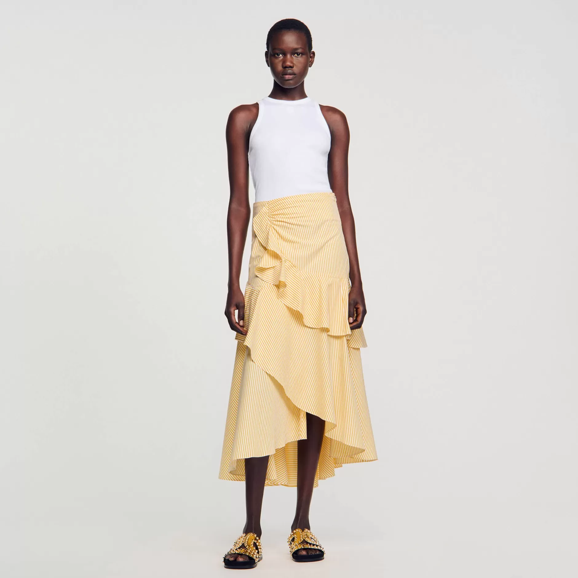 Store Sandro Jupe Longue Asymétrique Jaune / Ecru