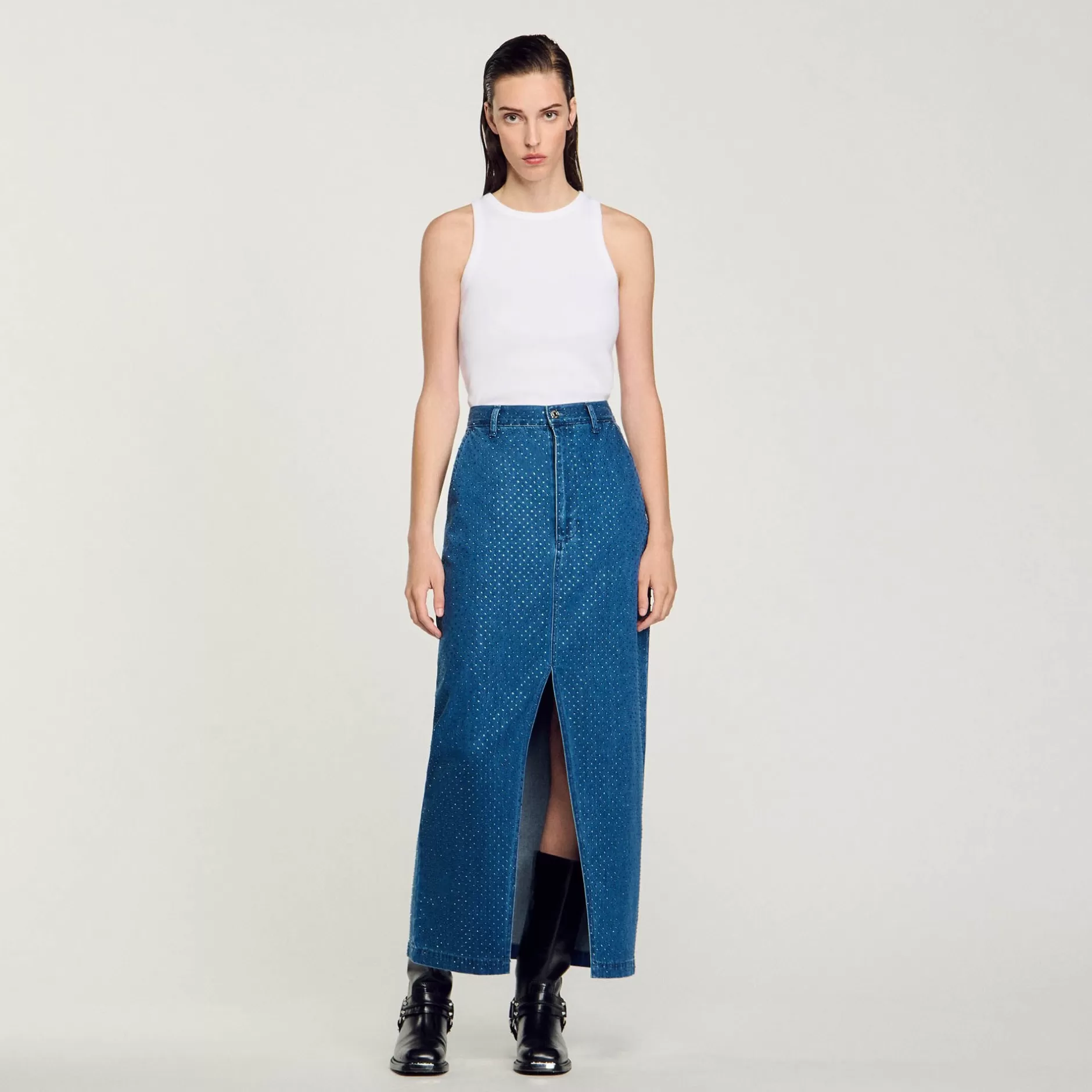 Shop Sandro Jupe Longue En Jean Strassé Bleu jean