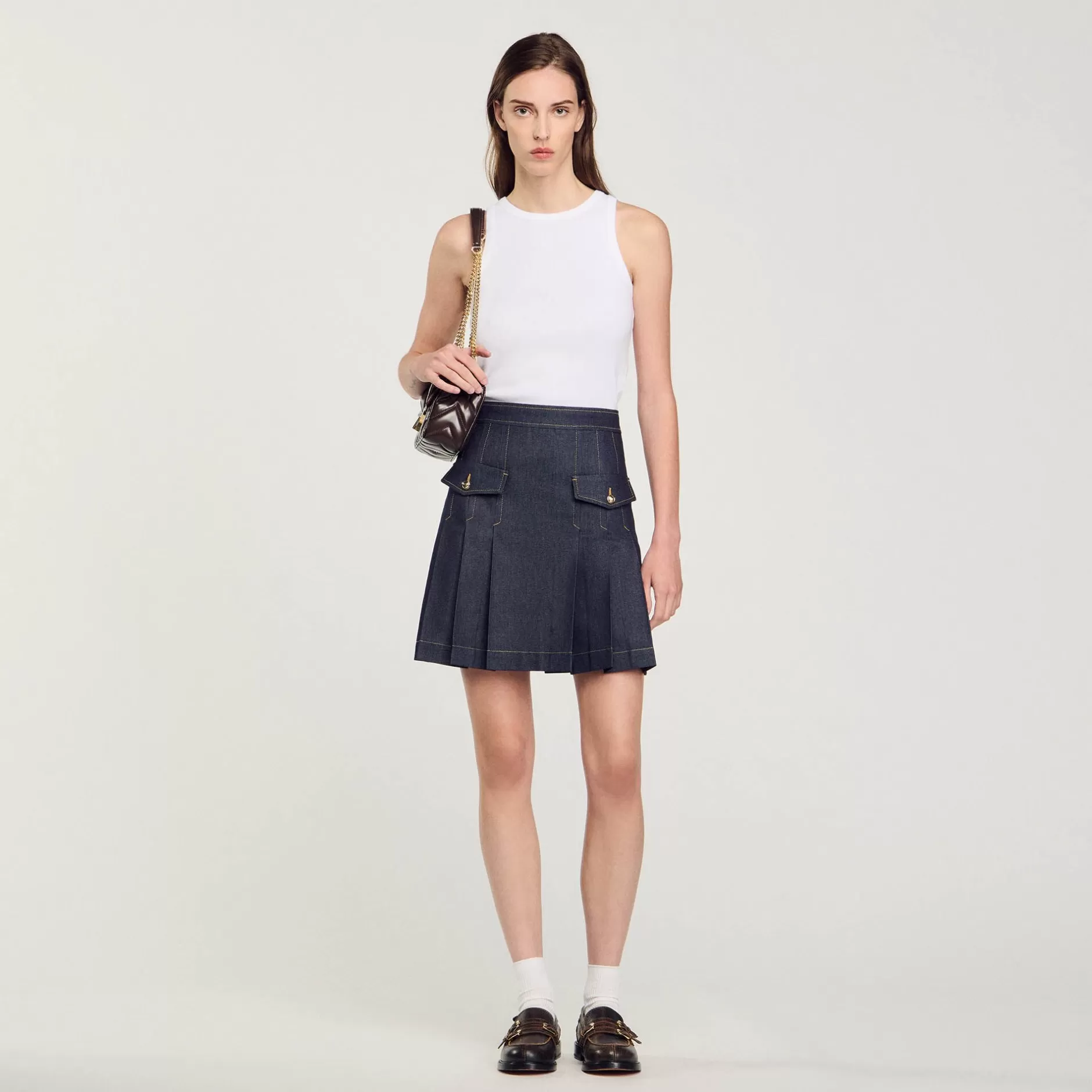 Outlet Sandro Jupe Plissée En Jean Bleu brut