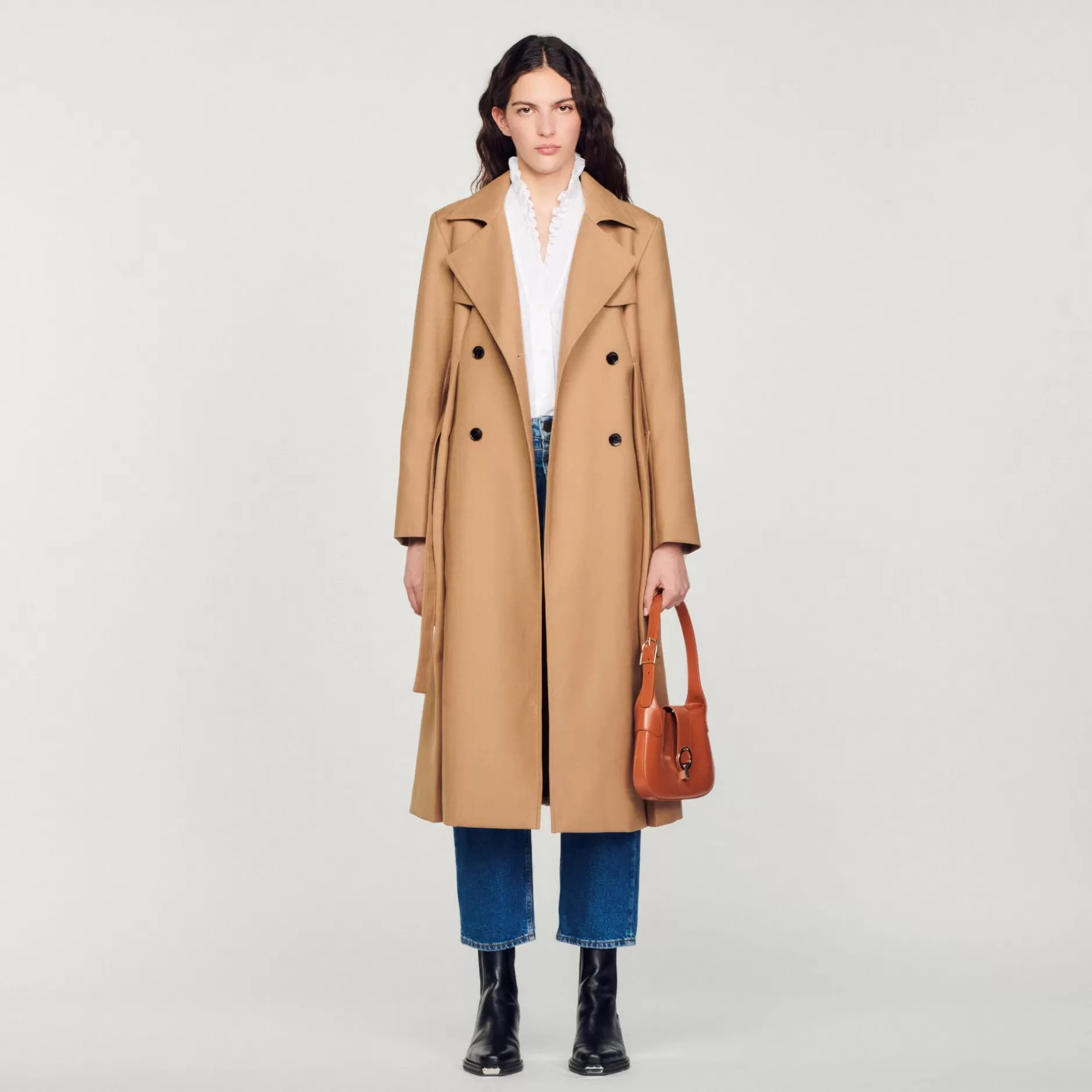 New Sandro Manteau Long Style Trench Camel