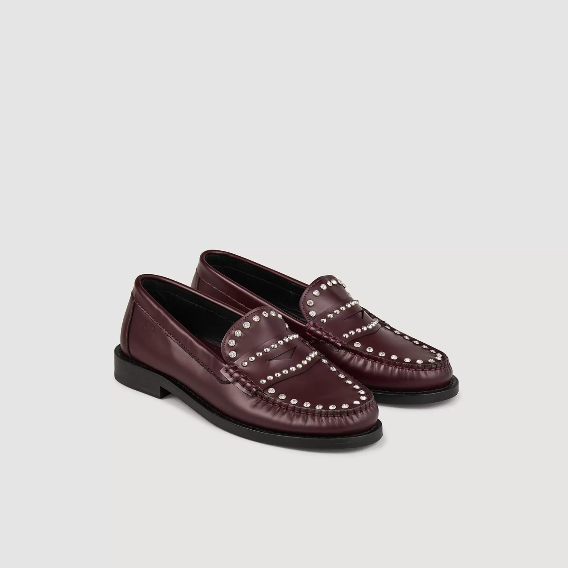 Shop Sandro Mocassins Strassés Et Cloutés En Cuir Bordeaux