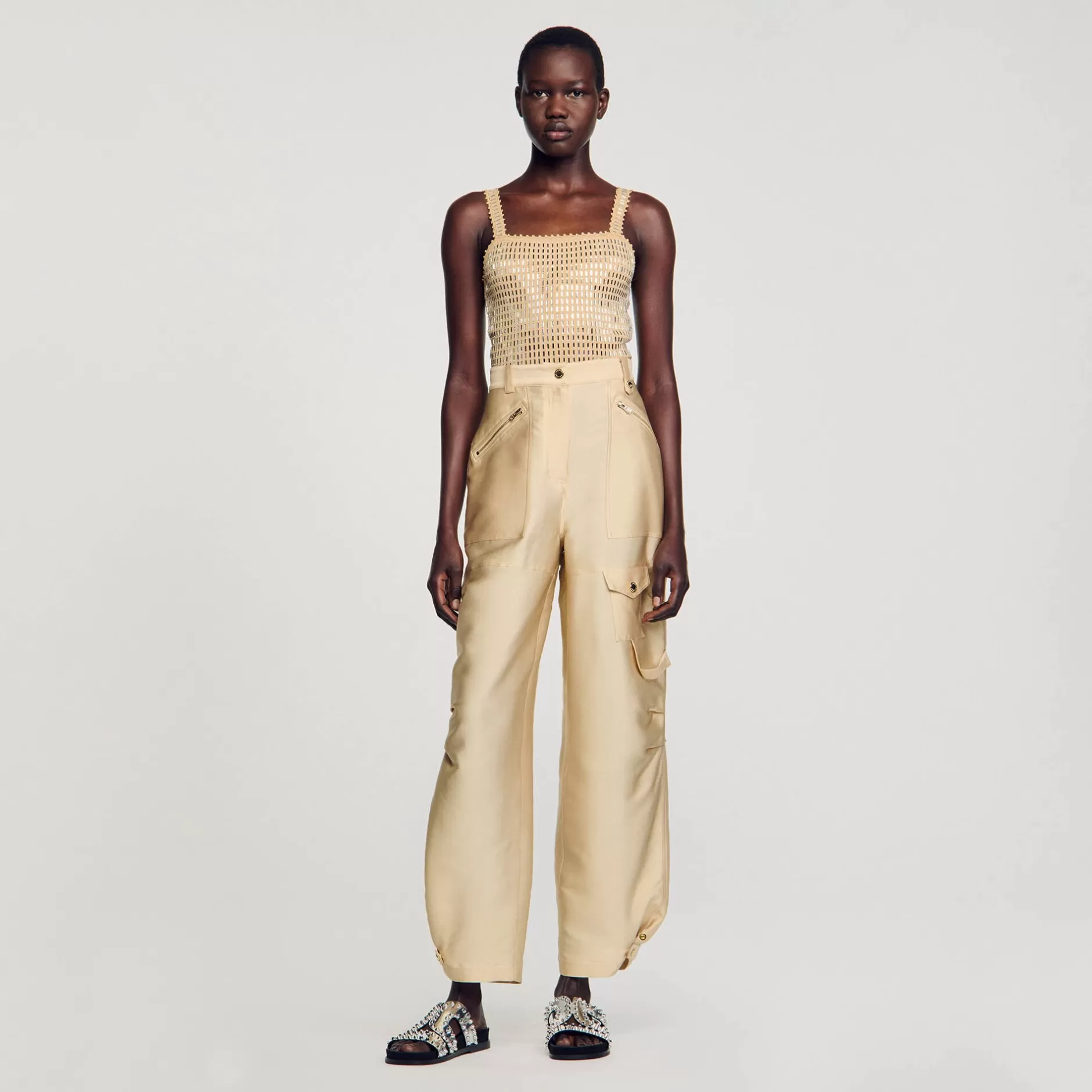 Shop Sandro Pantalon Cargo Satiné Beige