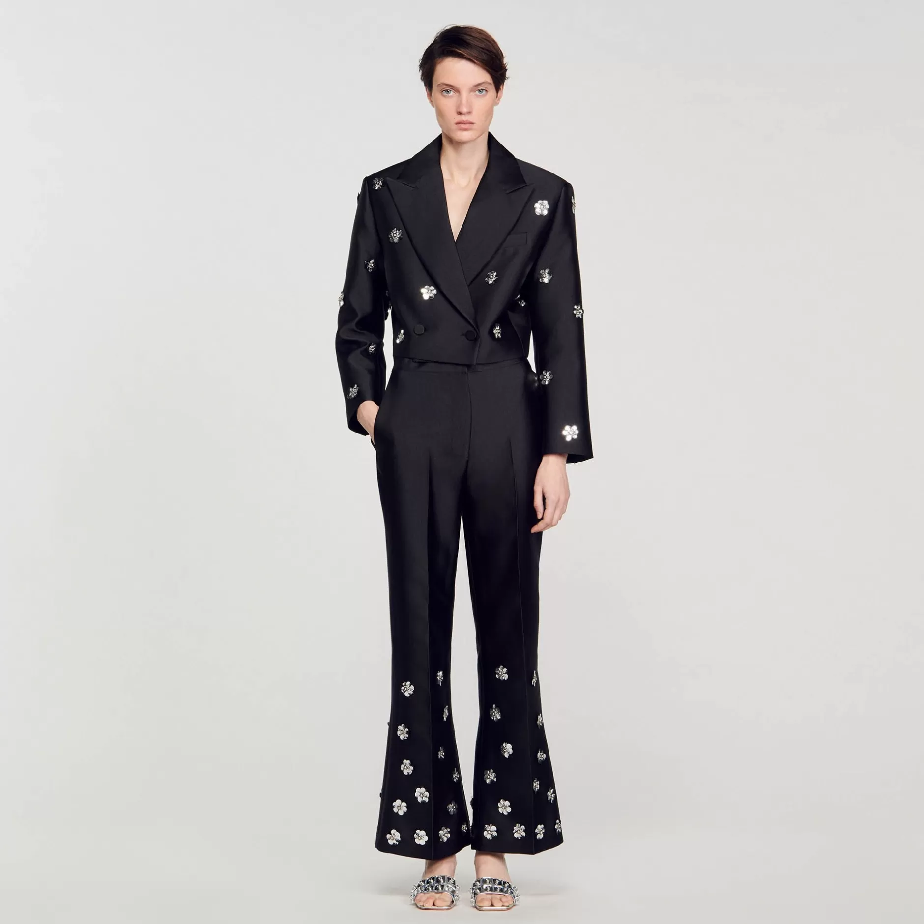 Best Sandro Pantalon Satiné Orné De Sequins Noir