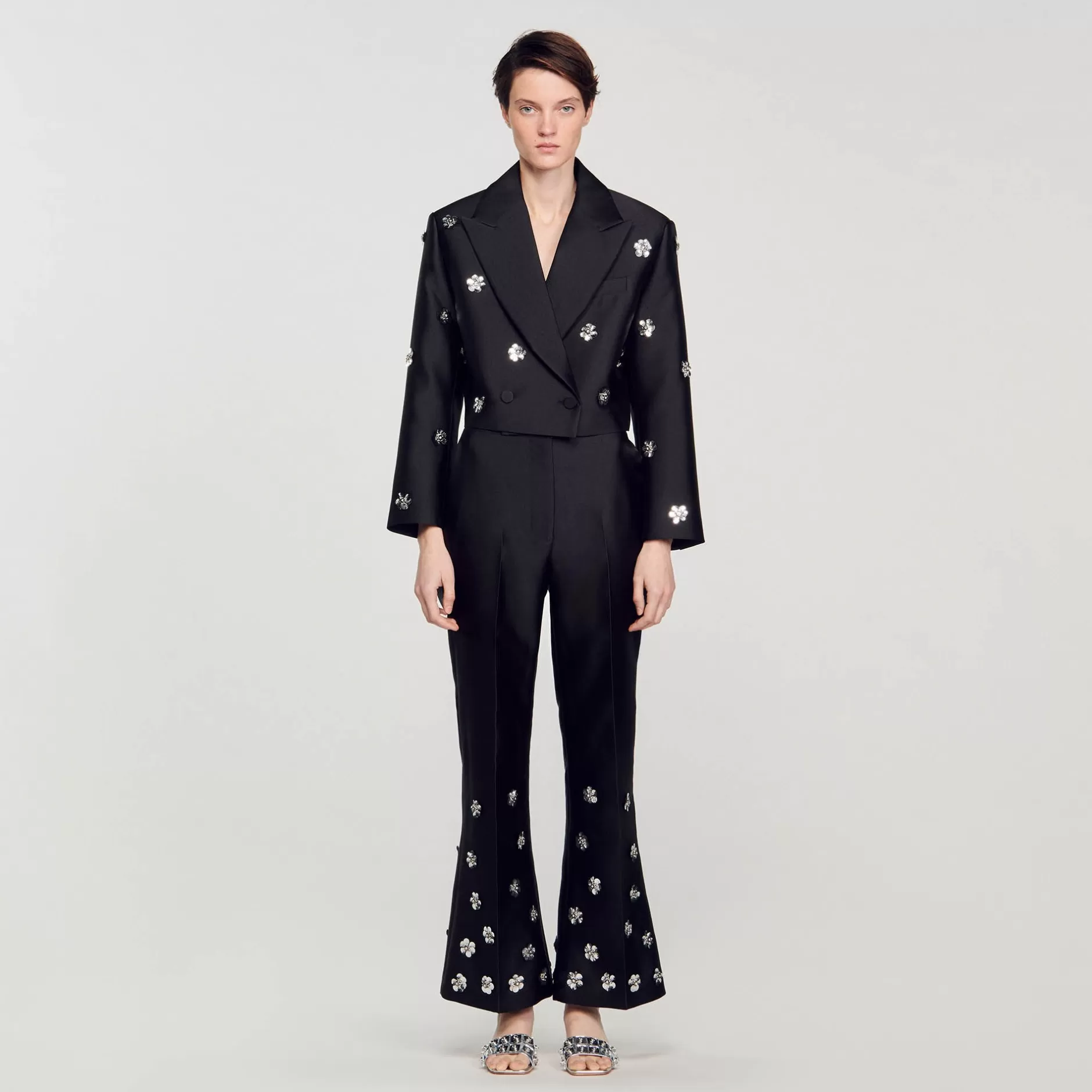 Best Sandro Pantalon Satiné Orné De Sequins Noir