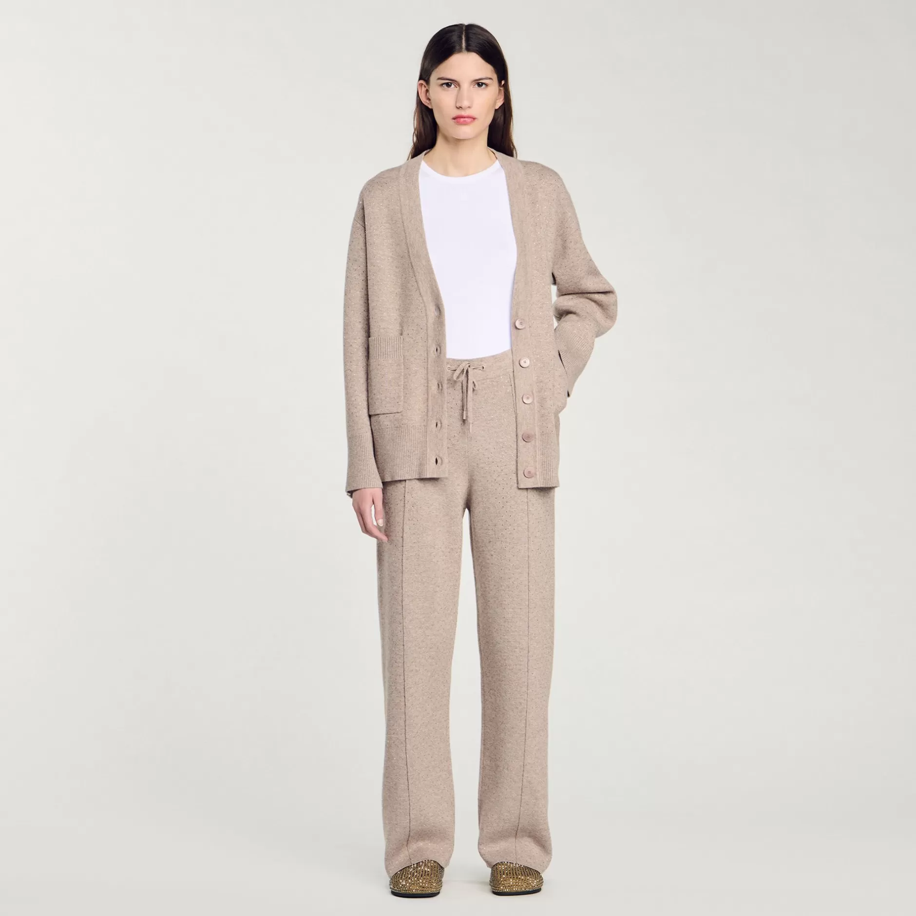 Store Sandro Pantalon Strassé En Maille Beige