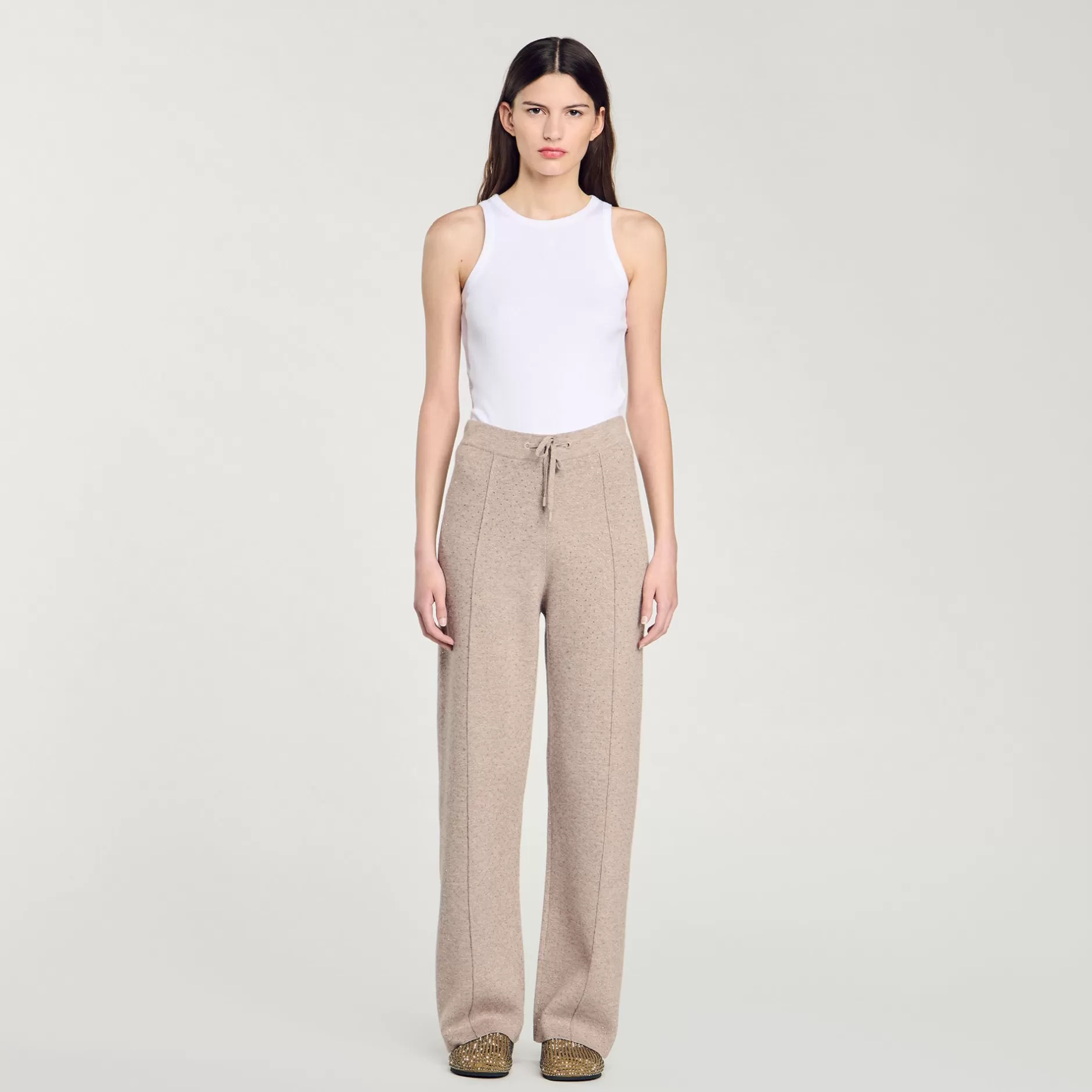 Store Sandro Pantalon Strassé En Maille Beige