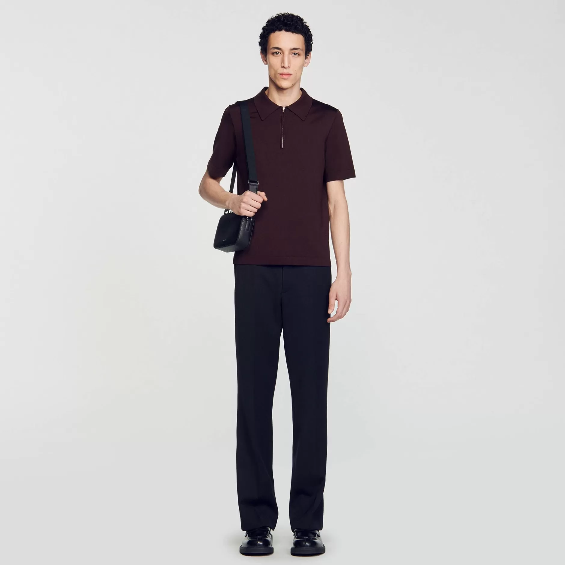 Store Sandro Polo En Maille à Col Zippé Marron Foncé