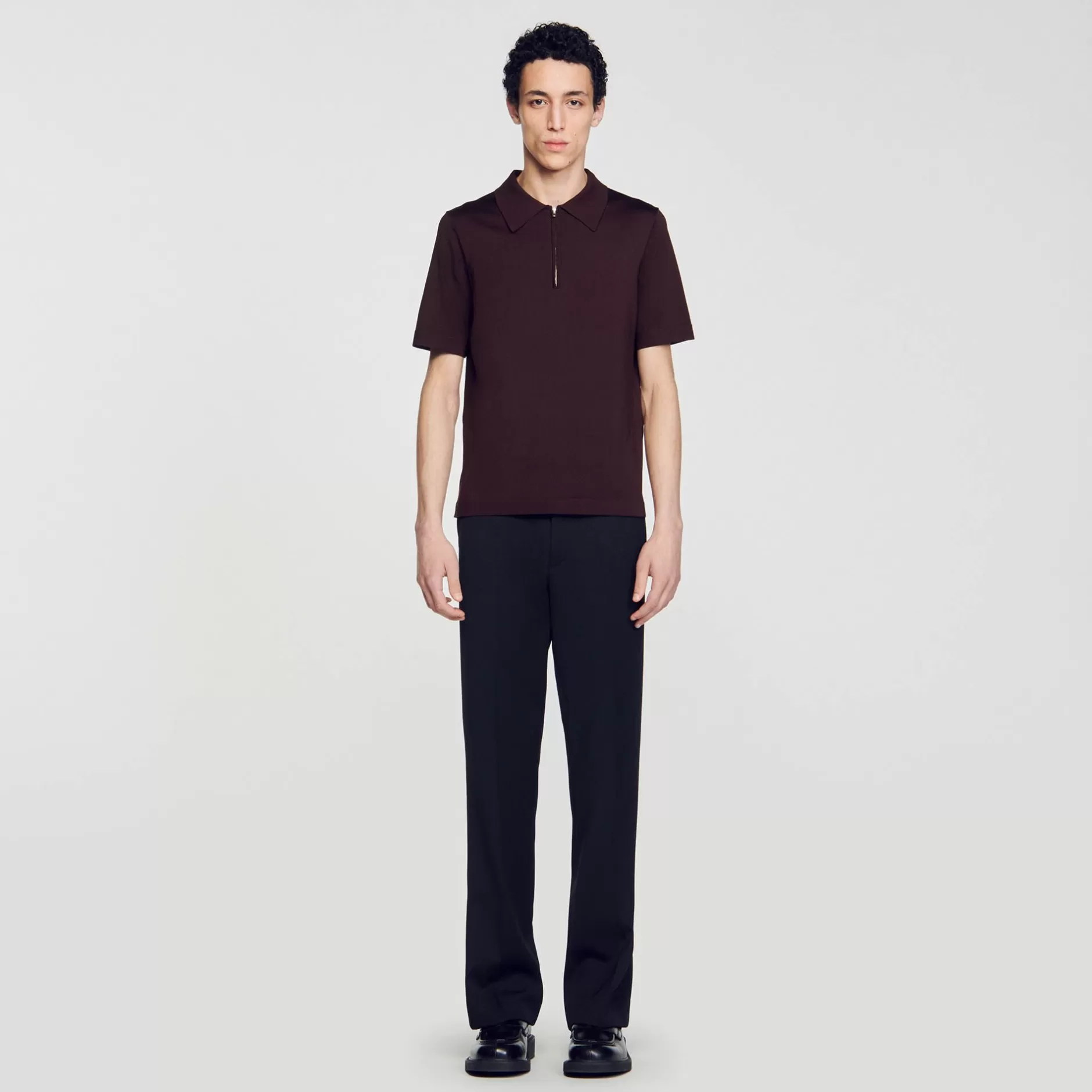 Store Sandro Polo En Maille à Col Zippé Marron Foncé