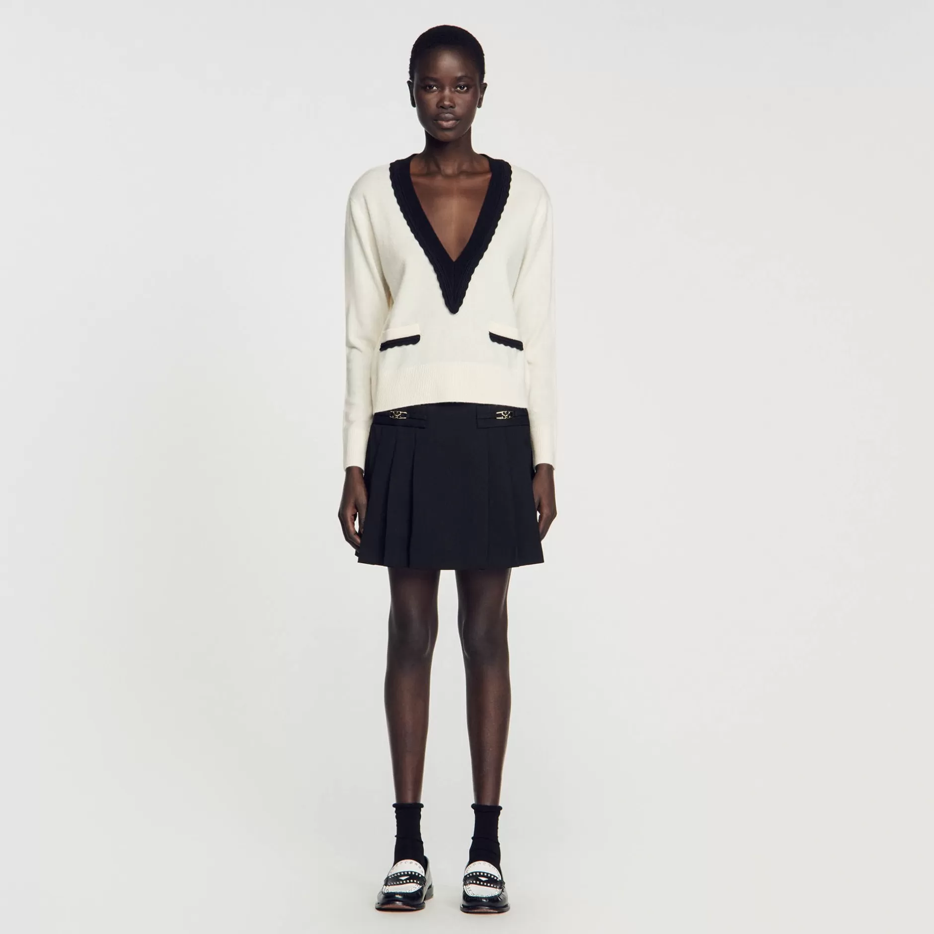 Cheap Sandro Pull Col V Bicolore En Laine Ecru