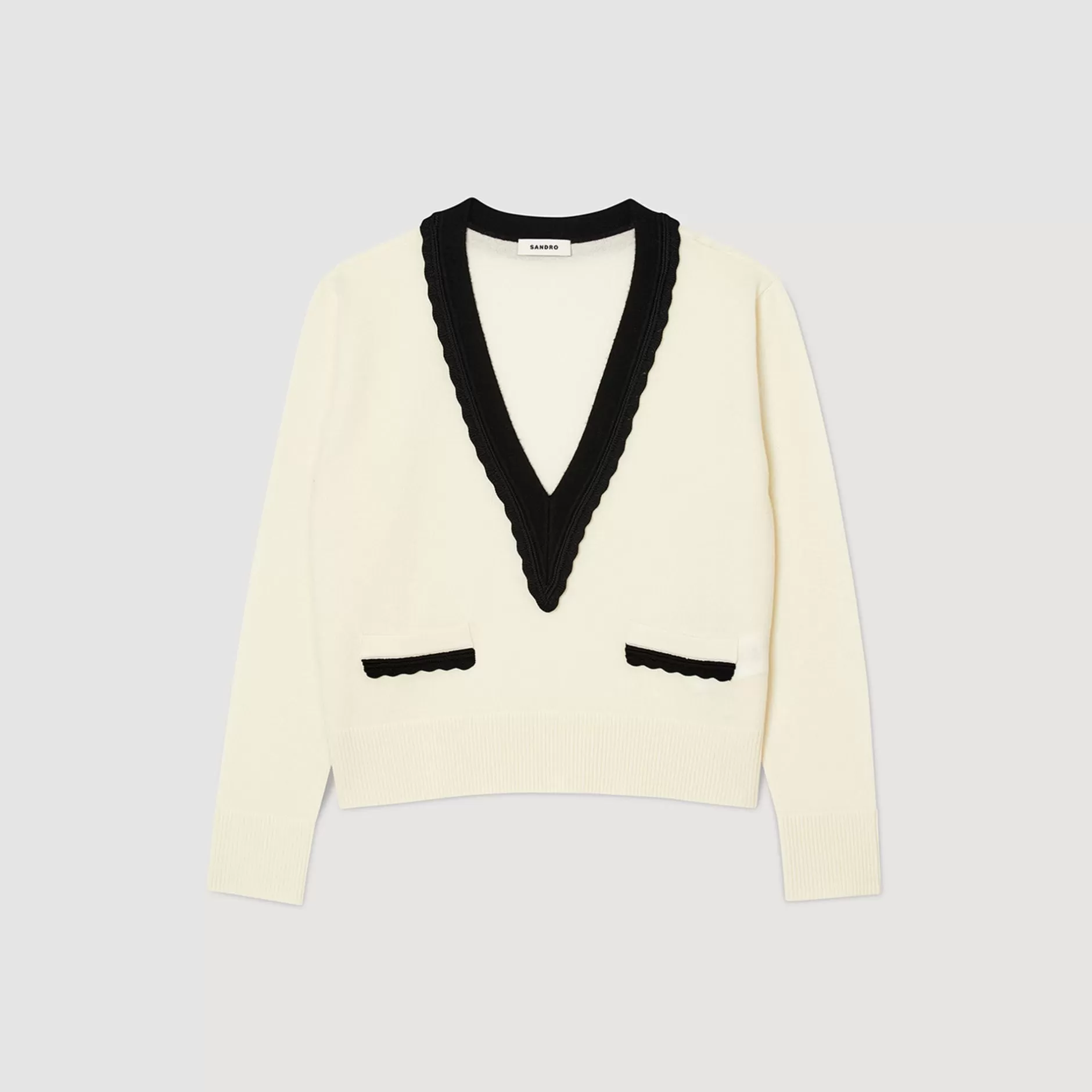Cheap Sandro Pull Col V Bicolore En Laine Ecru
