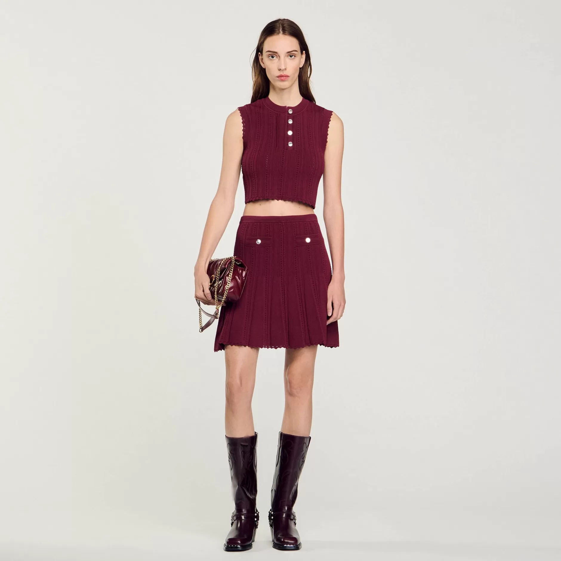 Fashion Sandro Pull Court Sans Manches Bordeaux