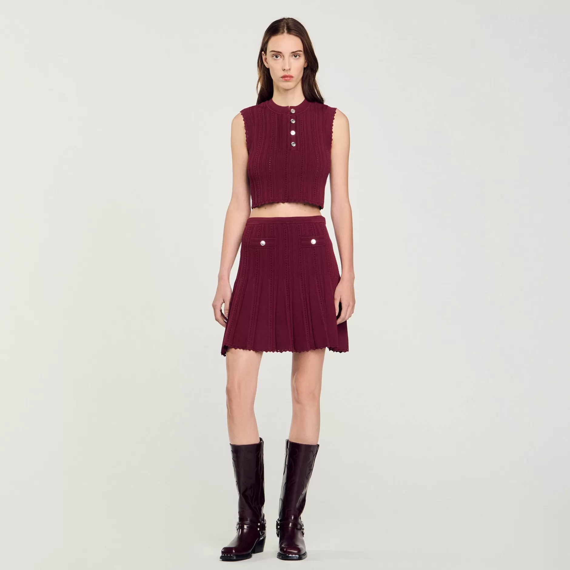 Fashion Sandro Pull Court Sans Manches Bordeaux