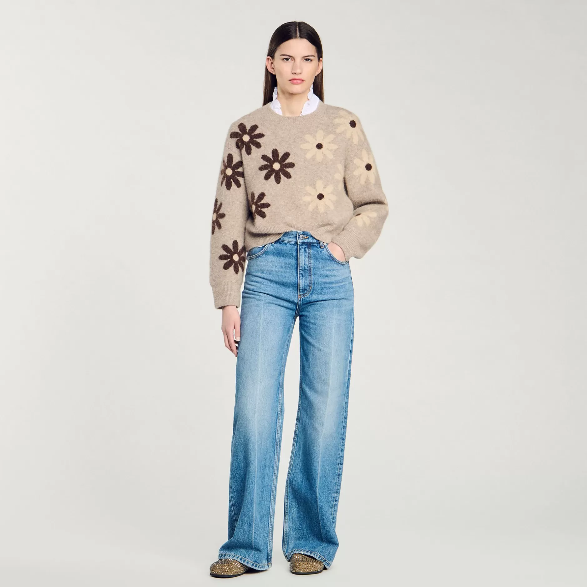 Best Sale Sandro Pull En Maille à Fleurs Beige