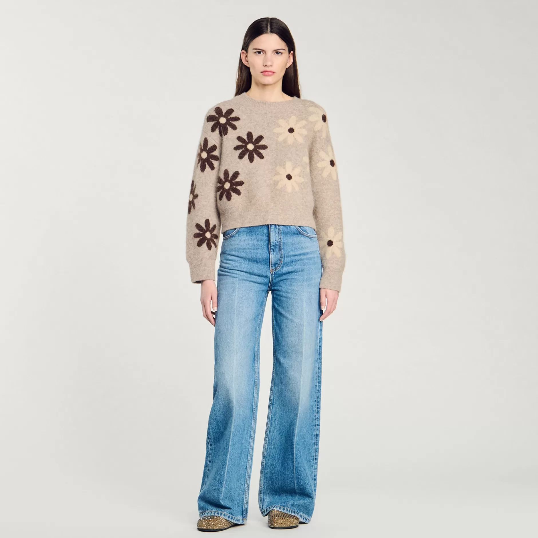 Best Sale Sandro Pull En Maille à Fleurs Beige