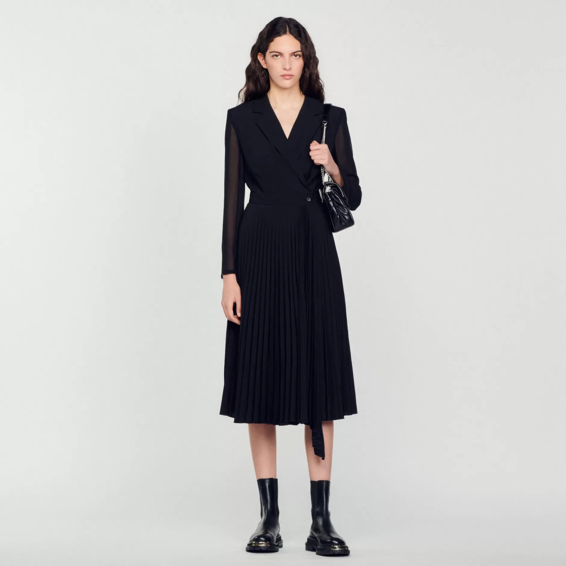 Store Sandro Robe Bi-matière à Manches Longues Noir