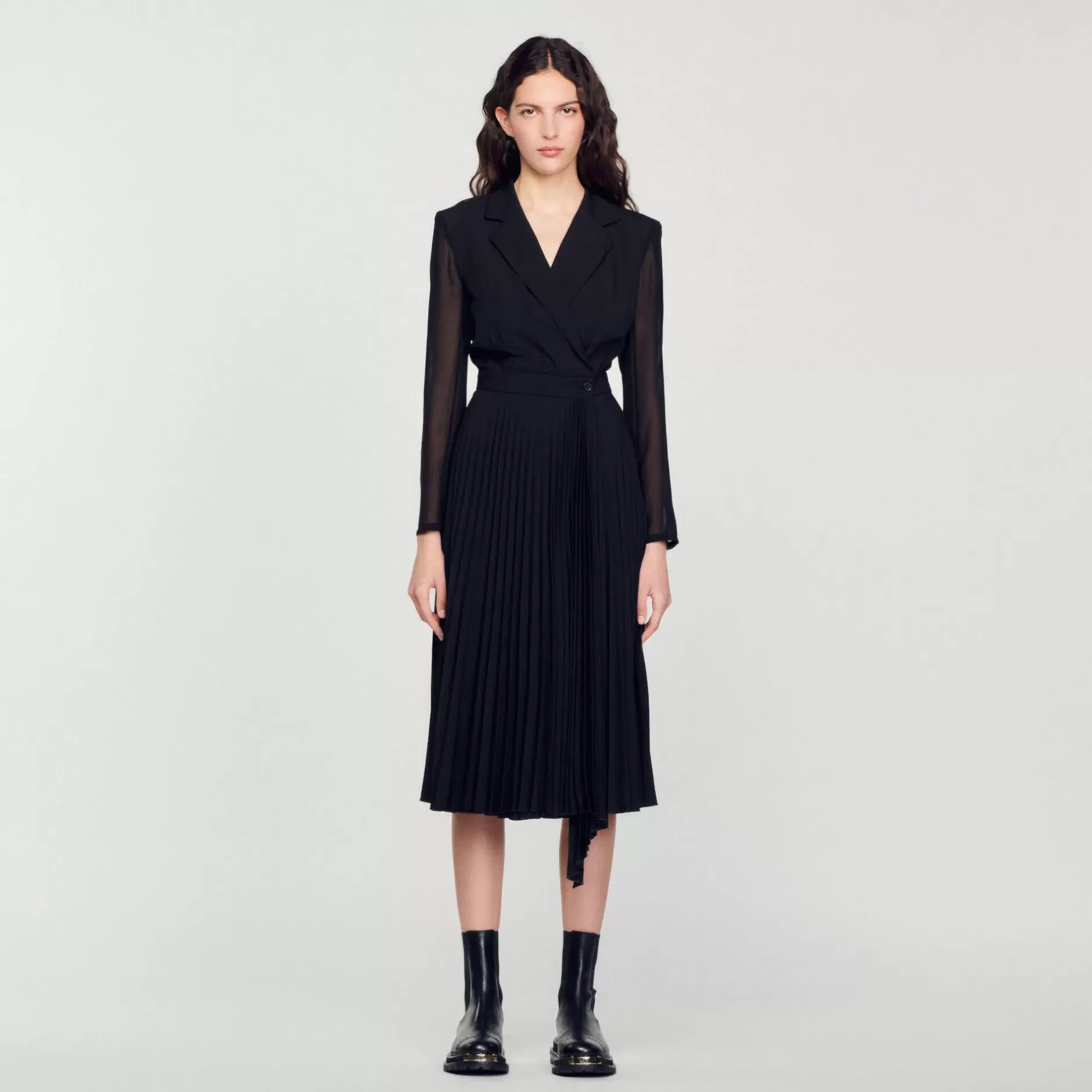 Store Sandro Robe Bi-matière à Manches Longues Noir