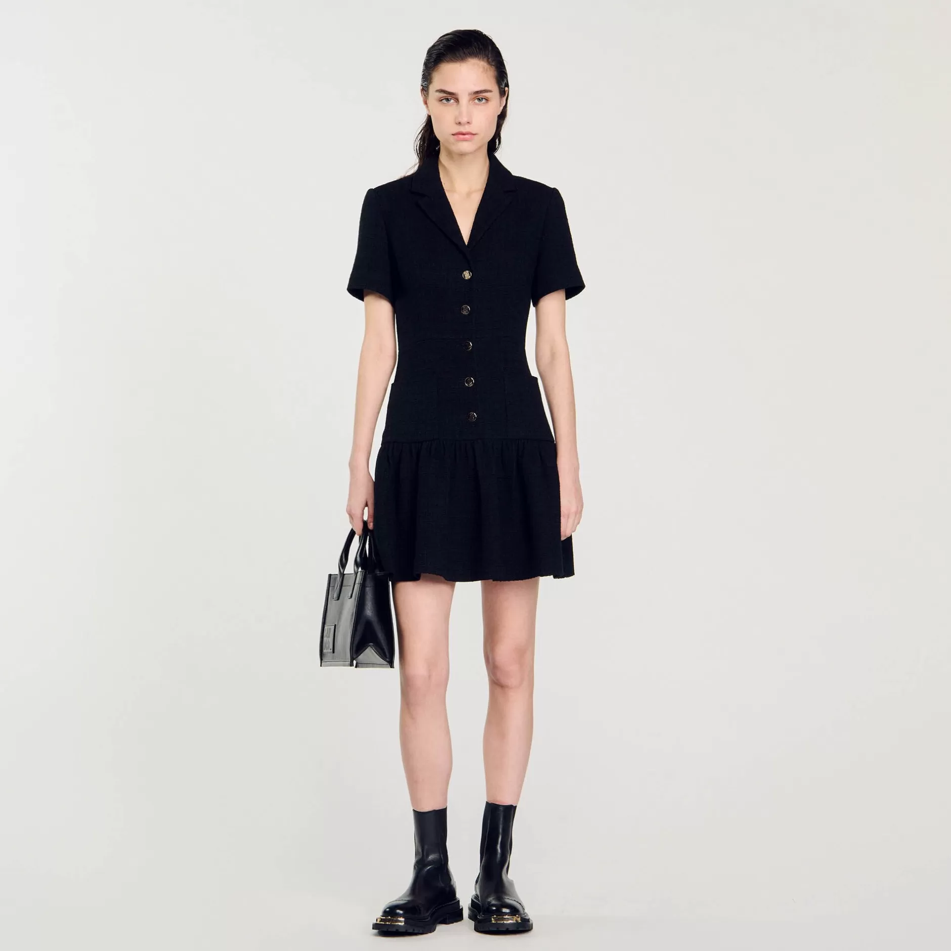 Store Sandro Robe Courte En Tweed Noir