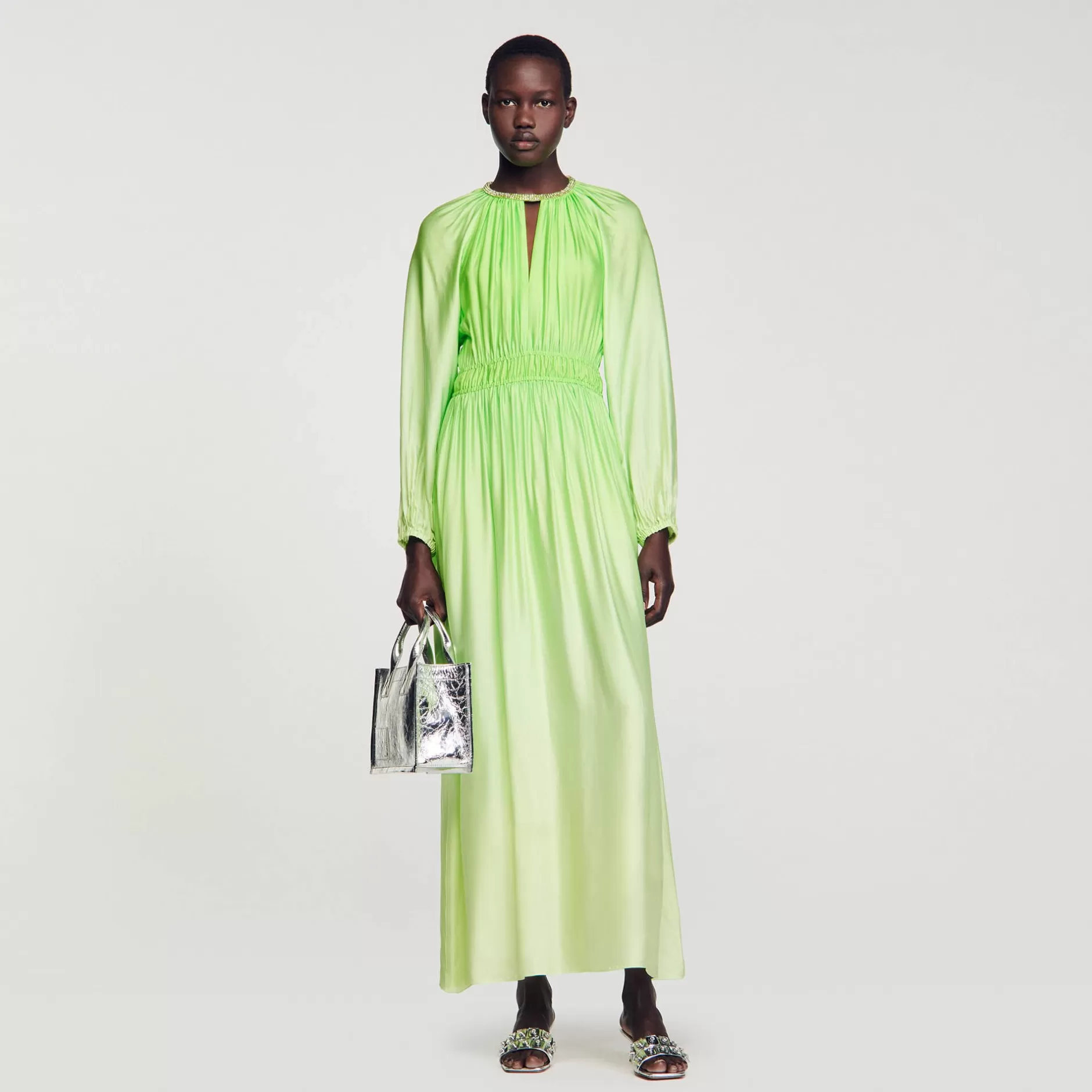 Fashion Sandro Robe Longue à Col Strassé Vert Fluo