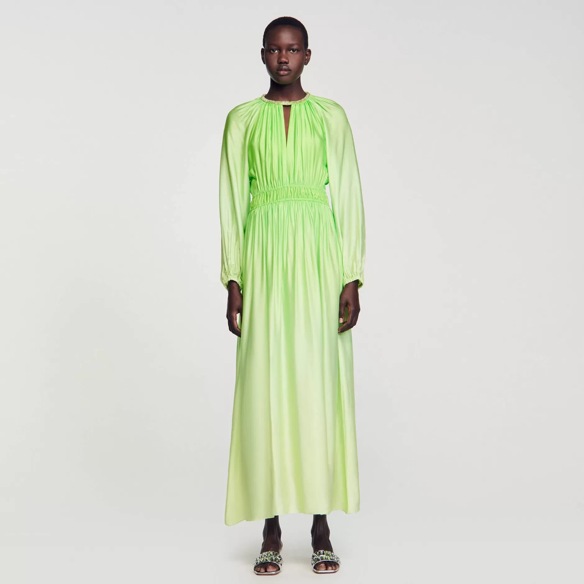 Fashion Sandro Robe Longue à Col Strassé Vert Fluo