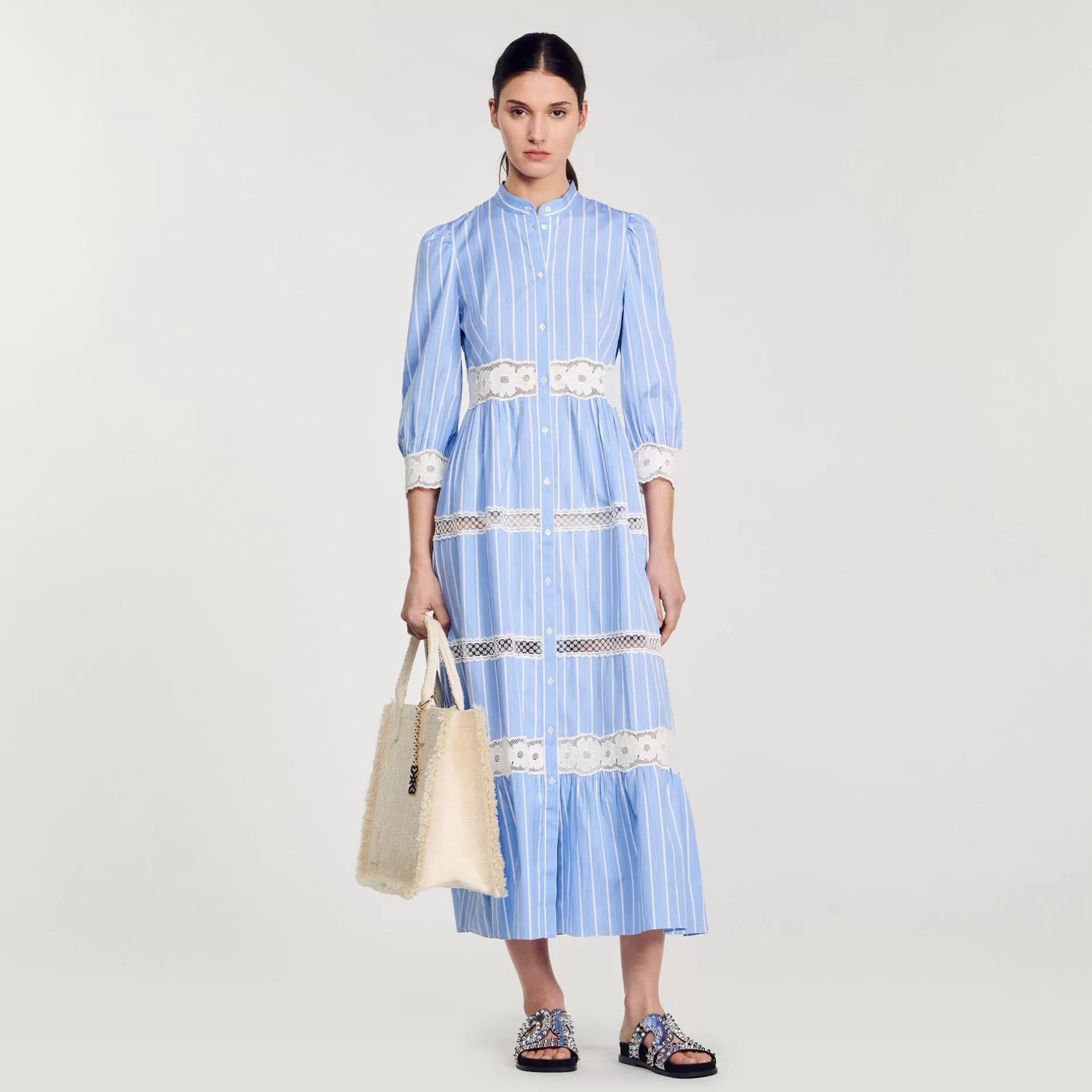 Flash Sale Sandro Robe Longue à Rayures En Coton Bleu / Blanc