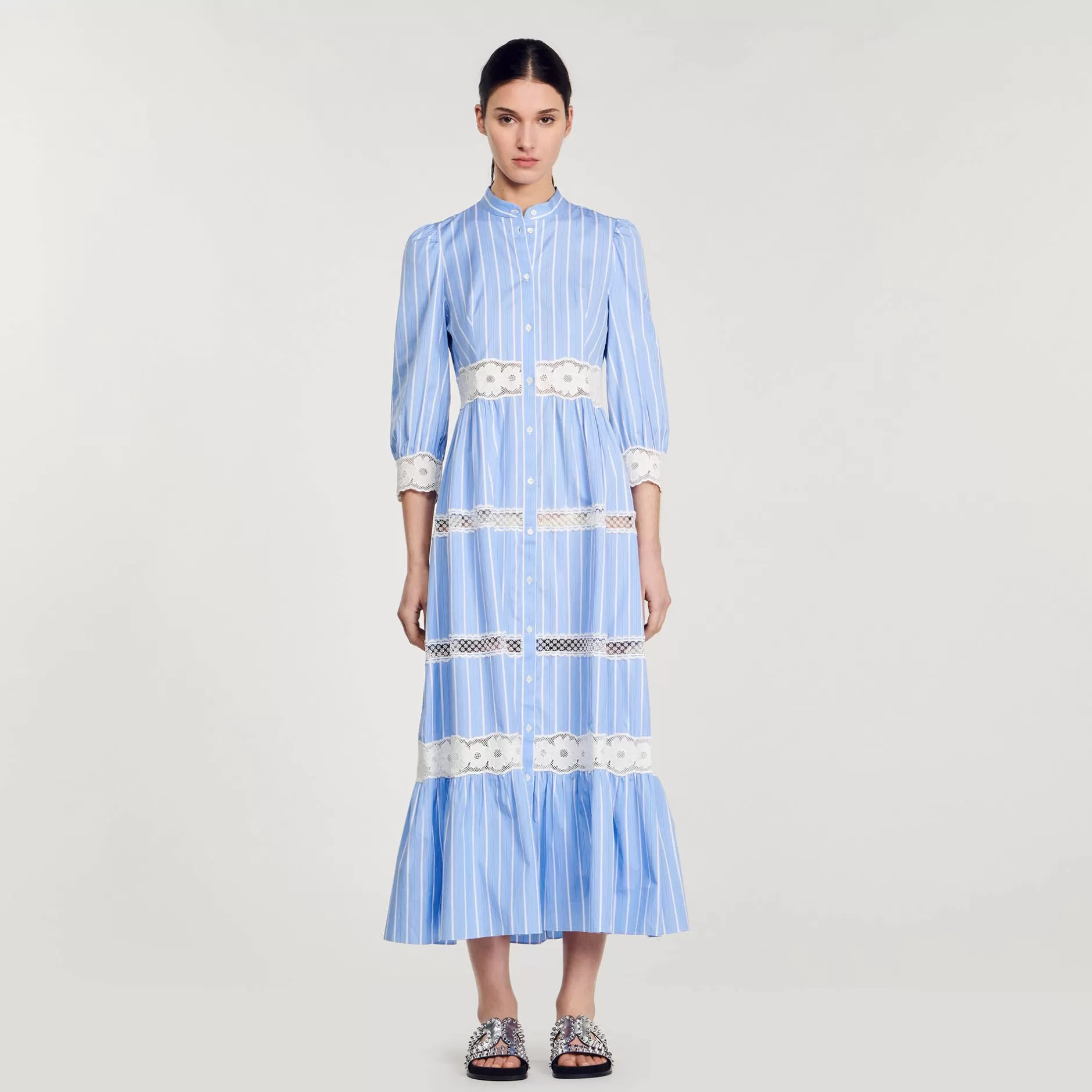 Flash Sale Sandro Robe Longue à Rayures En Coton Bleu / Blanc