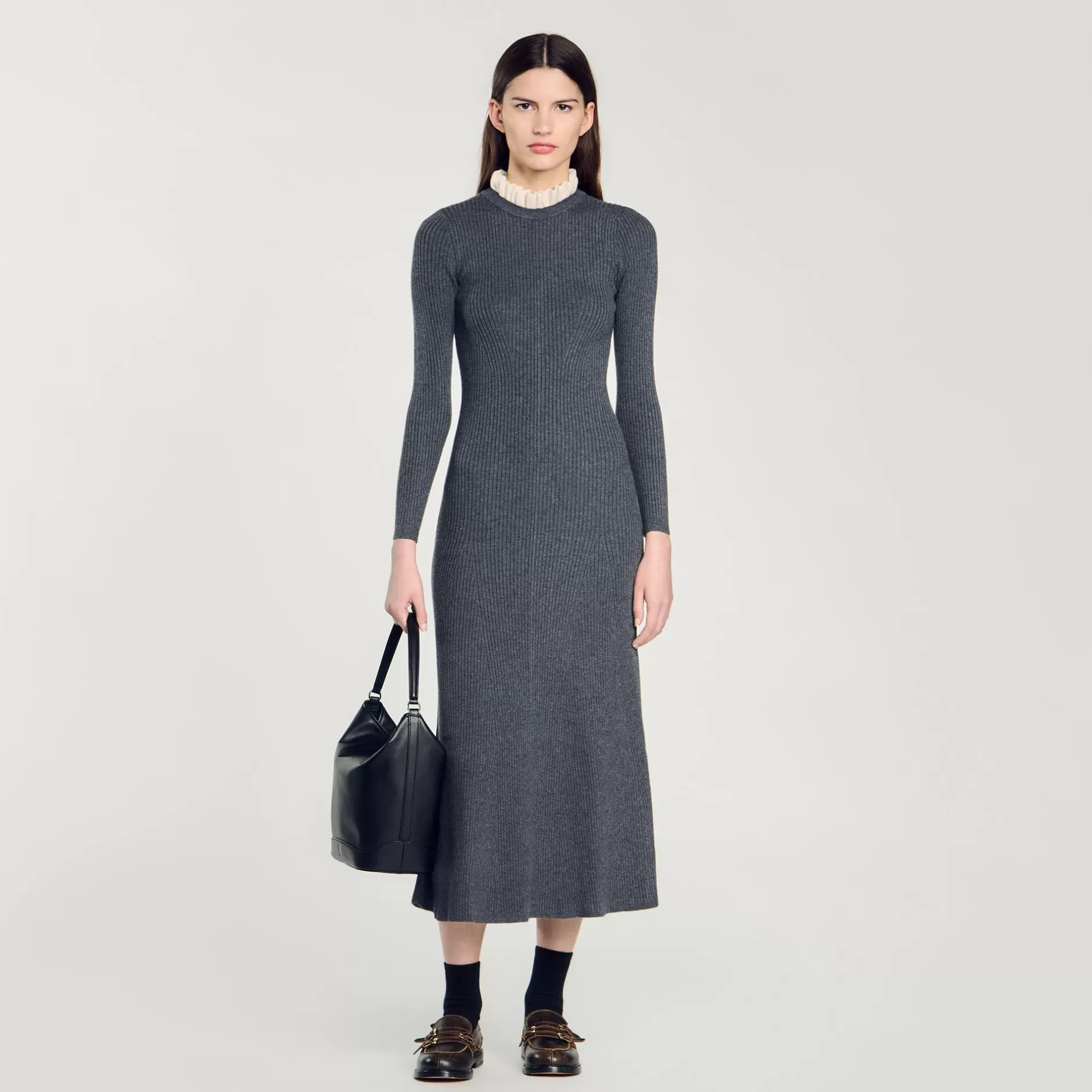 Flash Sale Sandro Robe Longue En Maille Gris Foncé