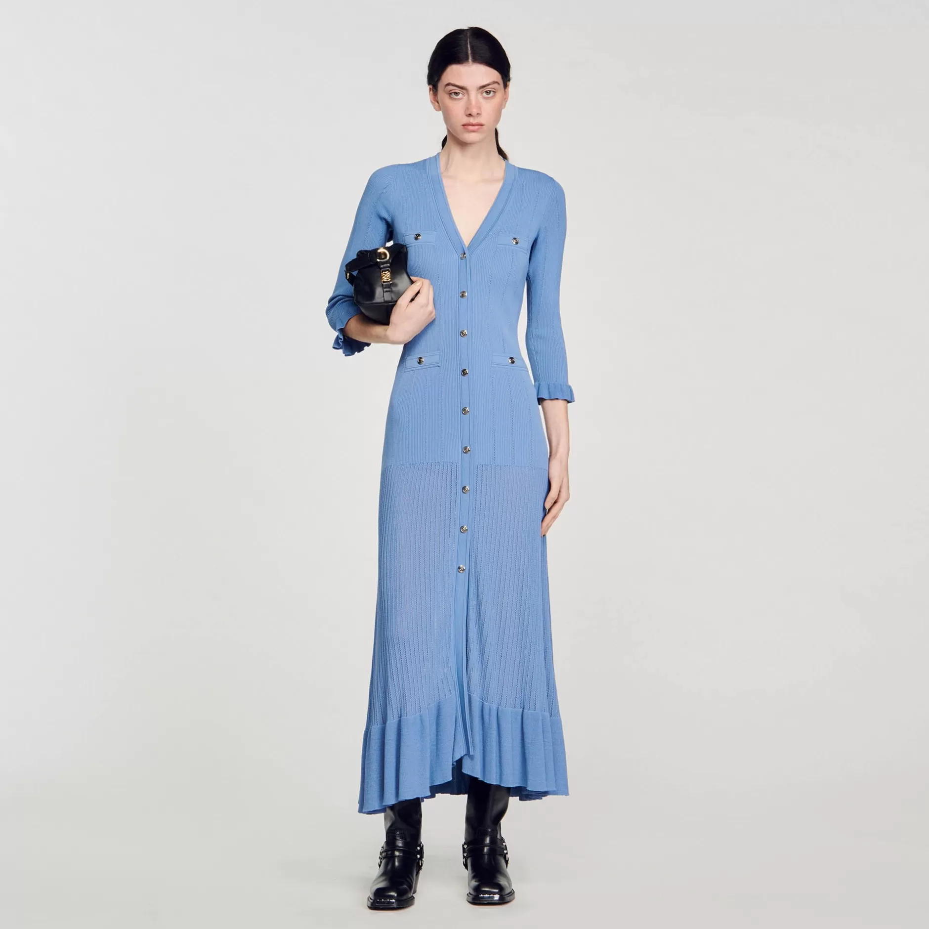 Fashion Sandro Robe Longue En Maille Bleu