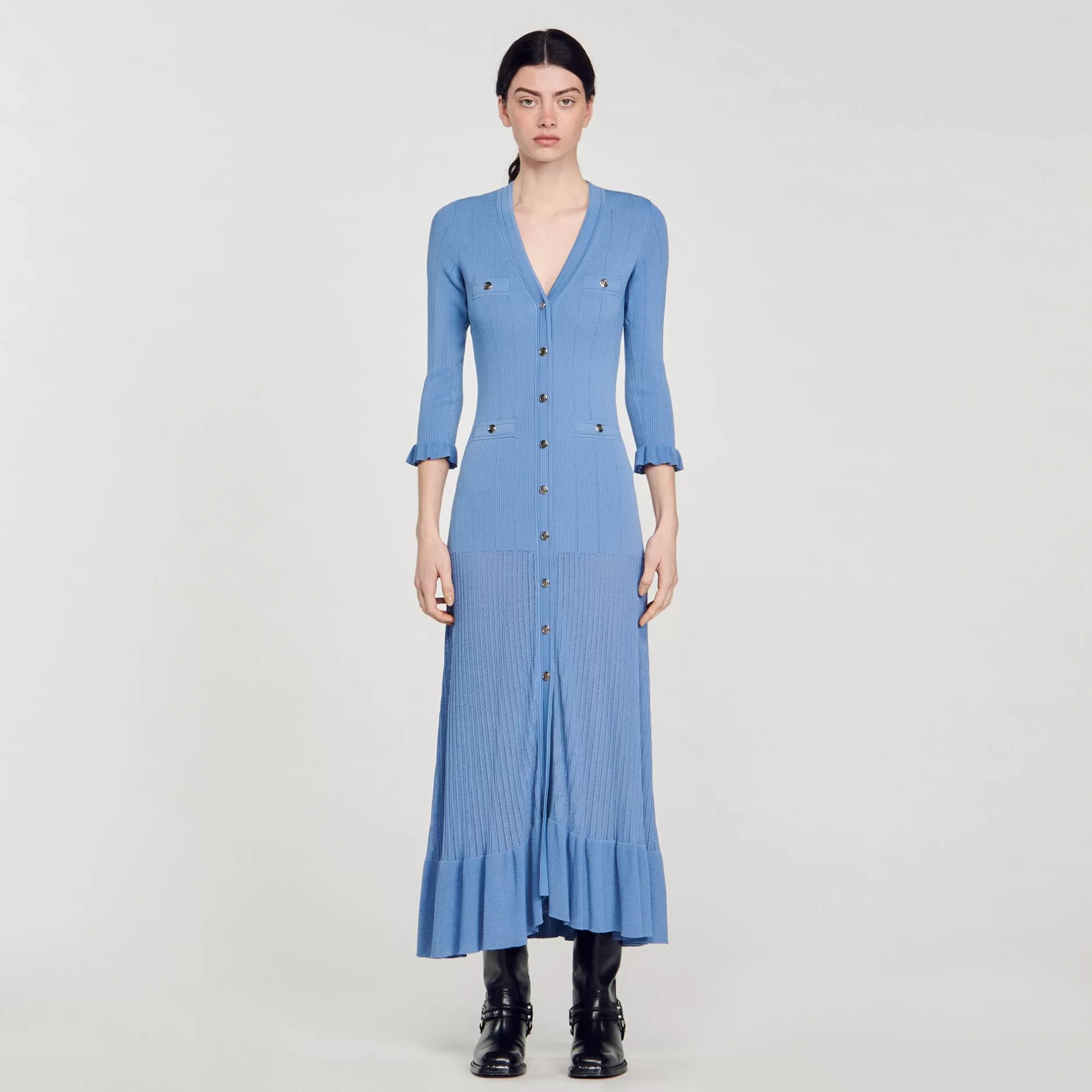 Fashion Sandro Robe Longue En Maille Bleu