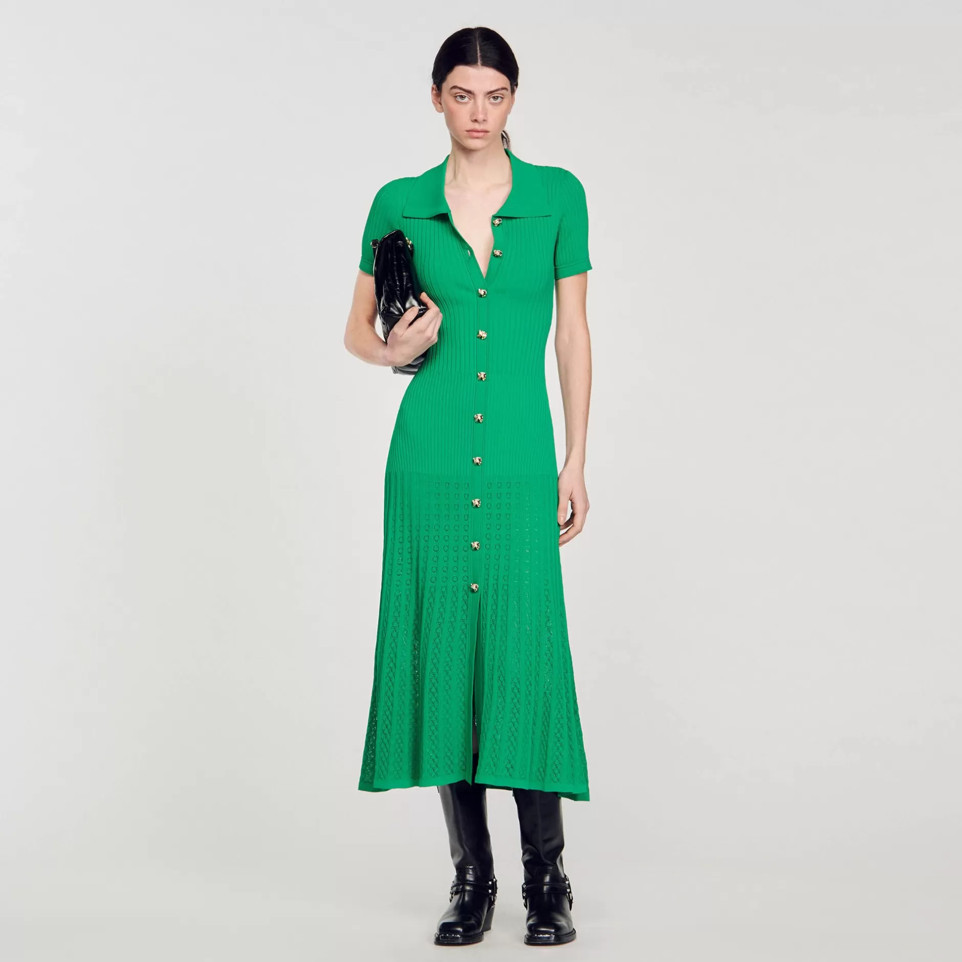 Flash Sale Sandro Robe Longue En Maille Côtelée Vert