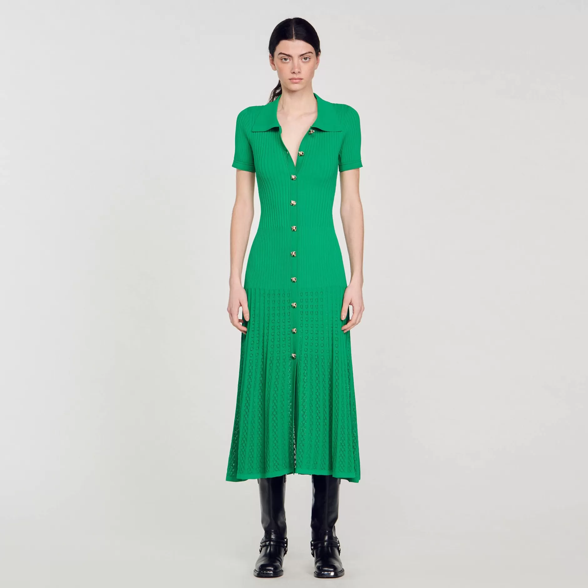 Flash Sale Sandro Robe Longue En Maille Côtelée Vert